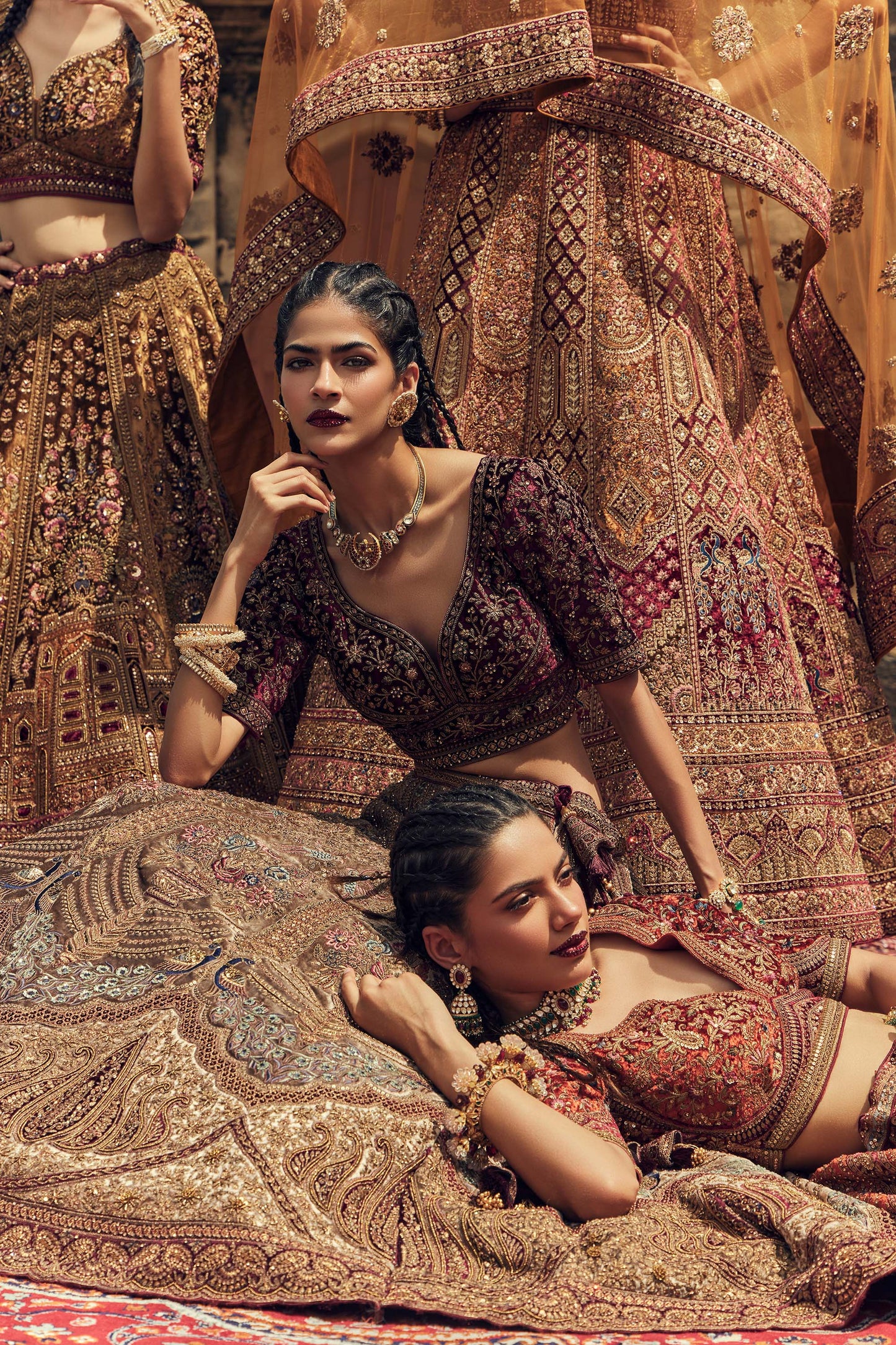 Shiva Machine Embroidered Silk, Net & Velvet Maroon, Wine Indian Bridal Lehenga