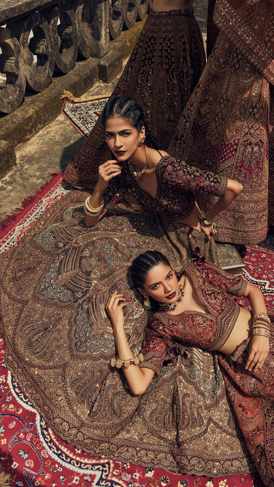 Shiva Machine Embroidered Silk, Net & Velvet Maroon, Wine Indian Bridal Lehenga