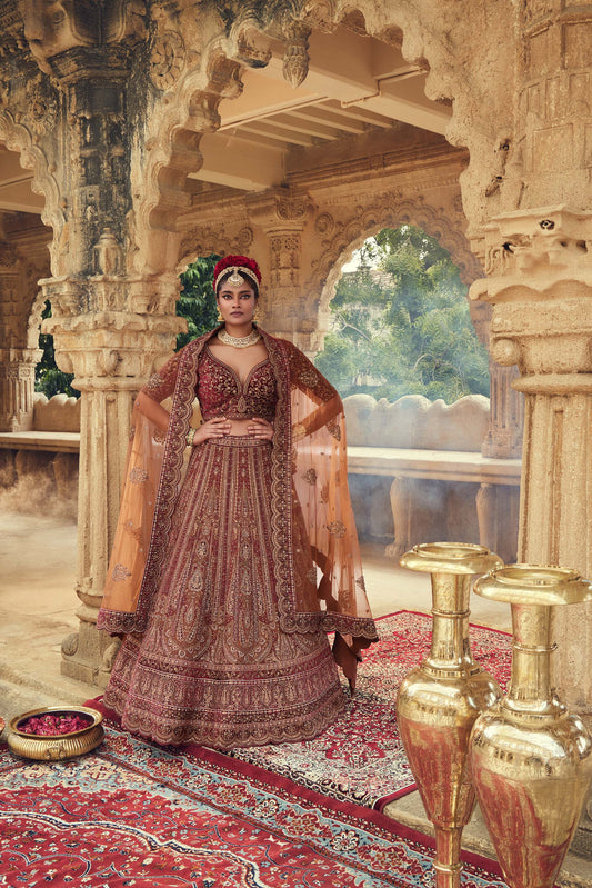 Shiva Machine Embroidered Silk, Net & Velvet Maroon, Wine Indian Bridal Lehenga