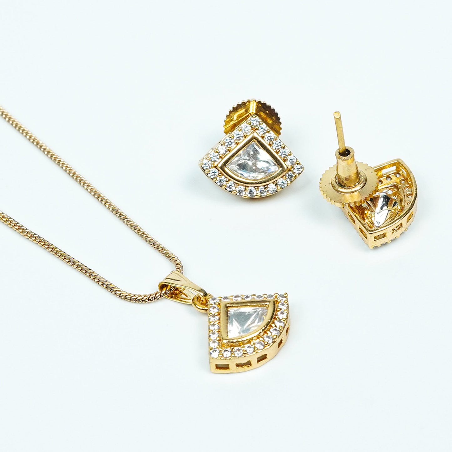 Zevar Club 22K Gold-Plated Cubic Zirconia Studded Geometric Pendant Necklace Set for Women