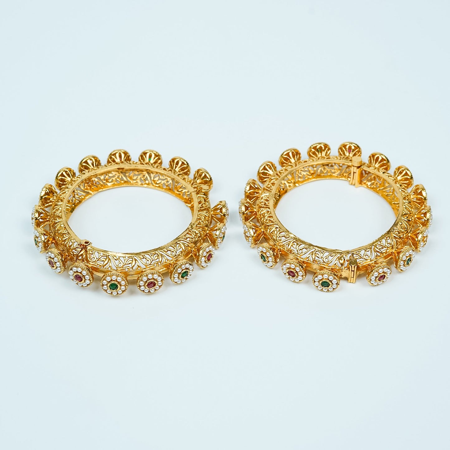 Zevar Club Set of 2 22K Gold-Plated Handcrafted Bangles  with Ruby Emerald Kundan Floral & Pearl Accents