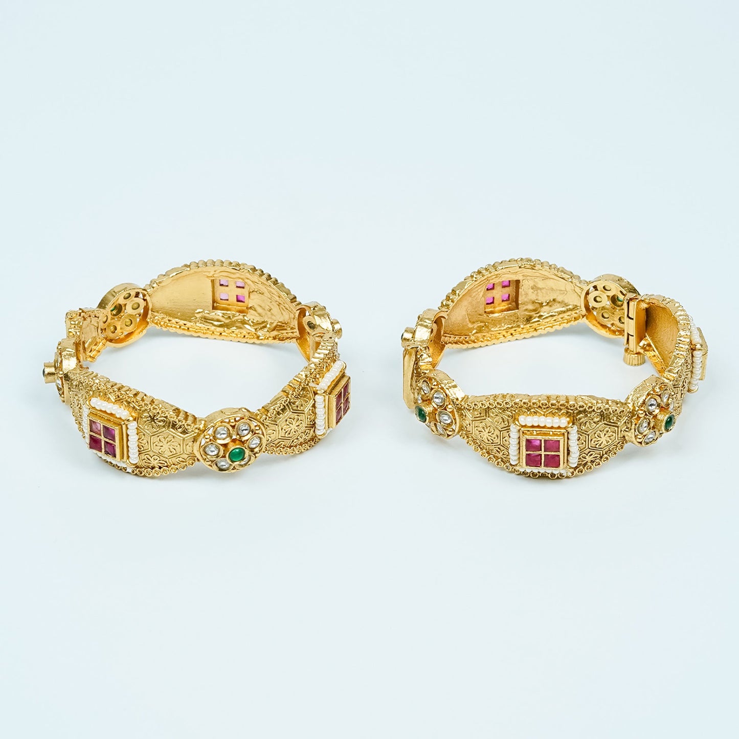 Zevar Club Set of 2 22K Gold-Plated Handcrafted Bangles with Ruby Emerald Kundan & Textured Floral Design