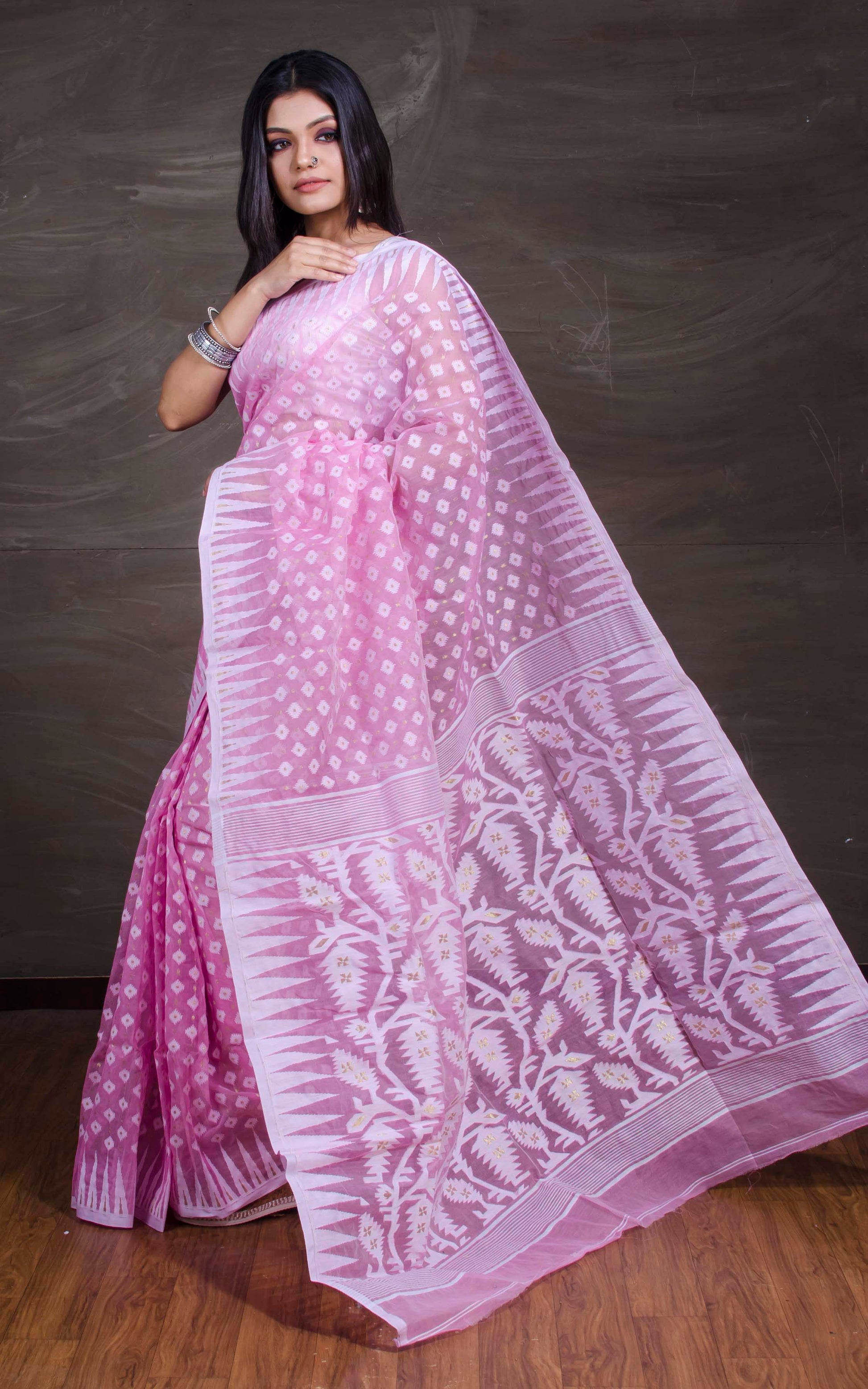 Traditional Soft Jamdani Saree in Baby Pink and White