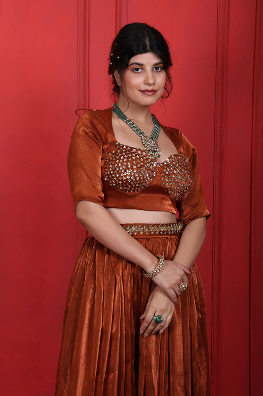 Rust Brown Hand Embroidered Blouse And Flared Pants