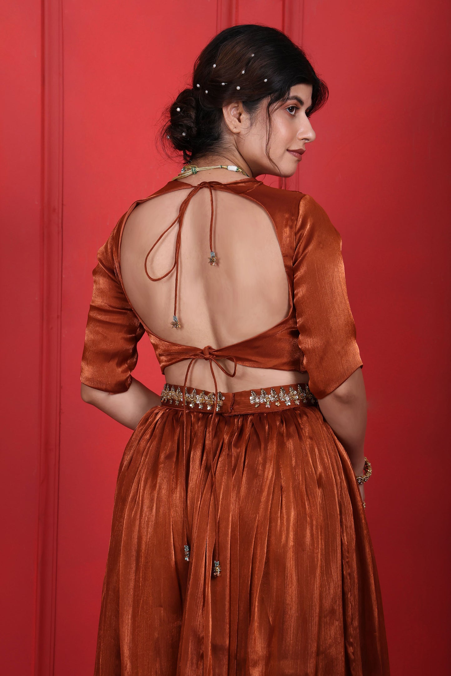 Rust Brown Hand Embroidered Blouse And Flared Pants