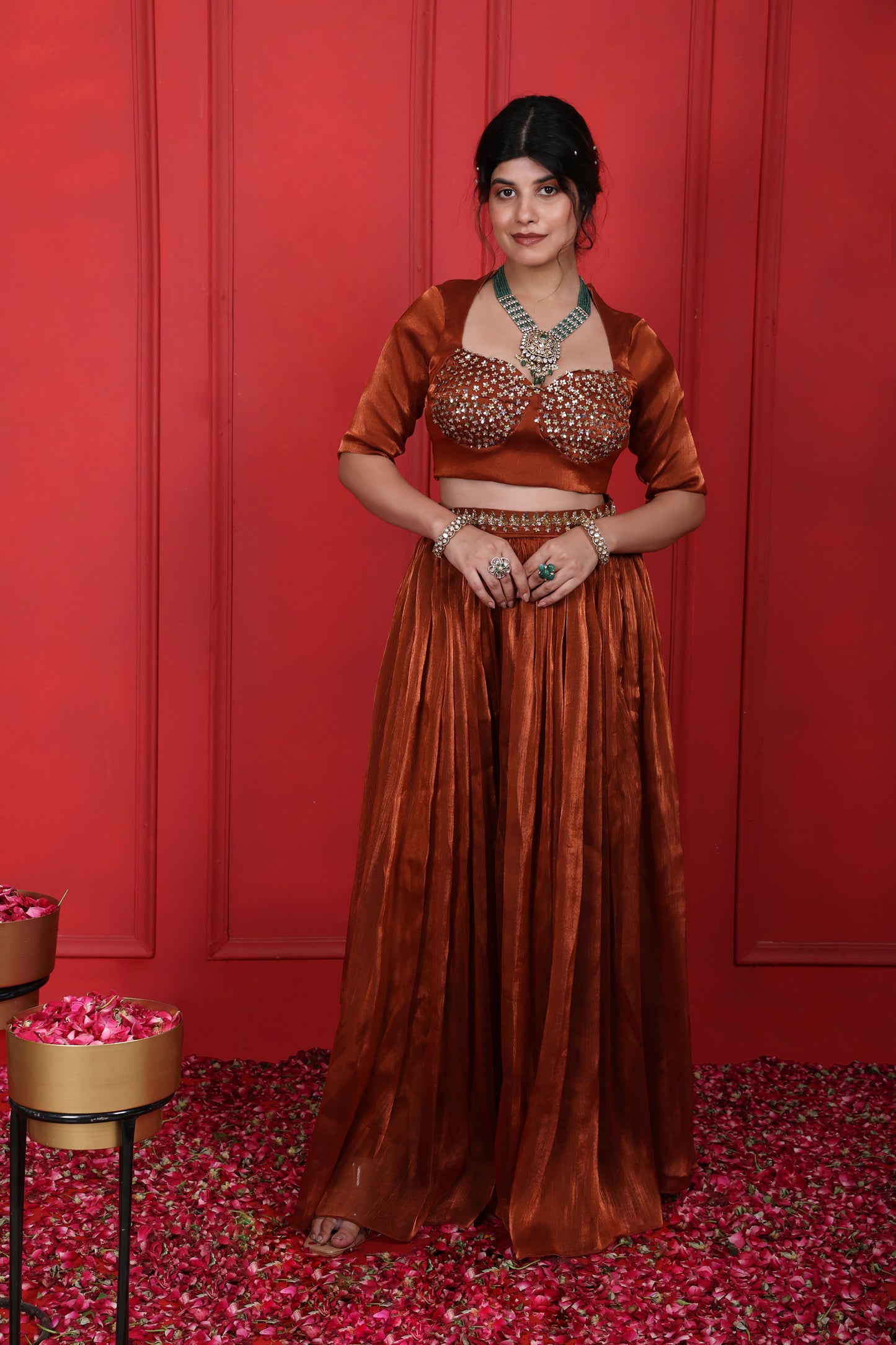 Rust Brown Hand Embroidered Blouse And Flared Pants