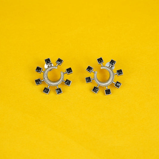 Zevar Club Oxidised Silver-Plated Black AD Studded Half-Hoop Earrings