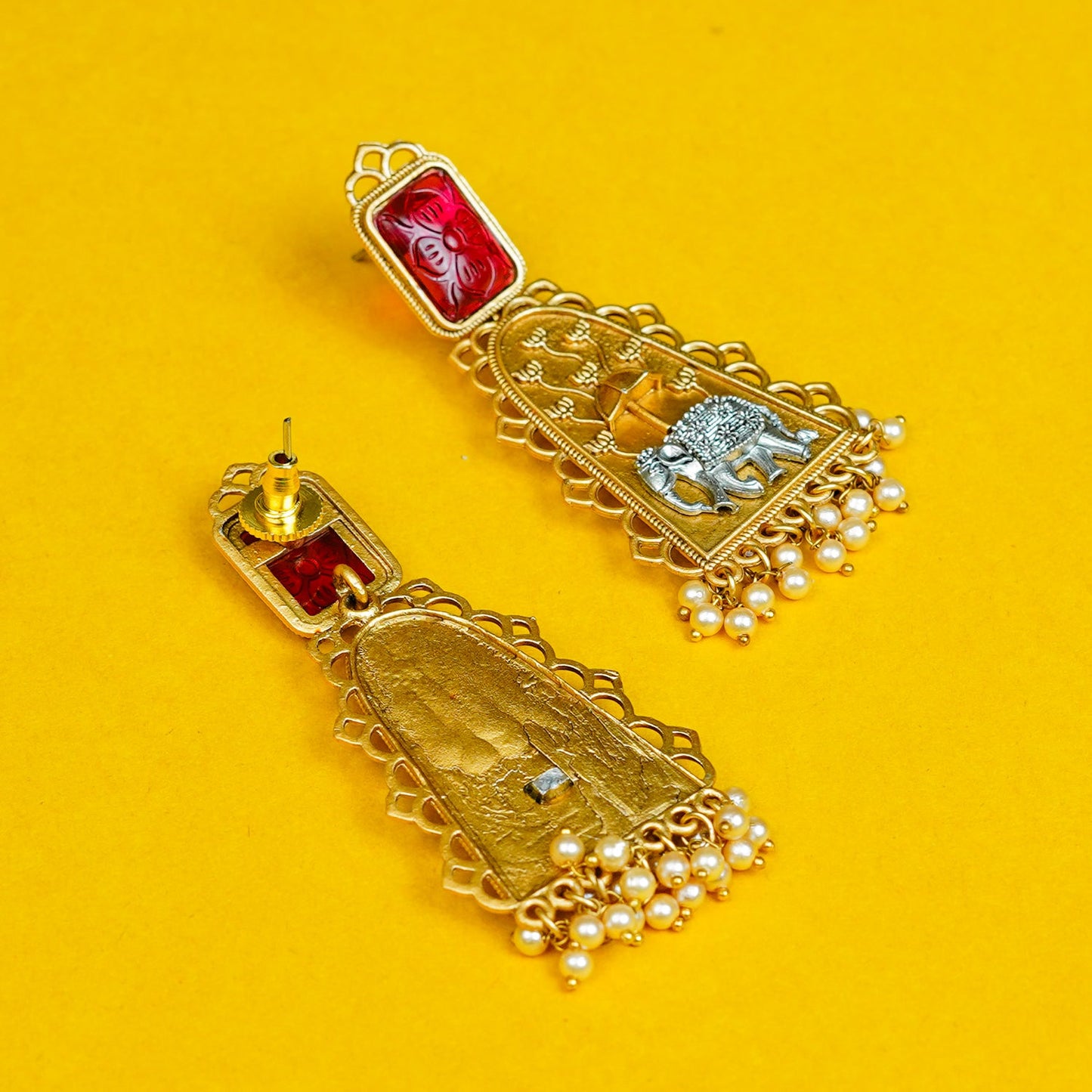 Zevar Club Oxidised Gold & Silver-Toned Elephant Motif Earring with Red Top & Pearls Drops