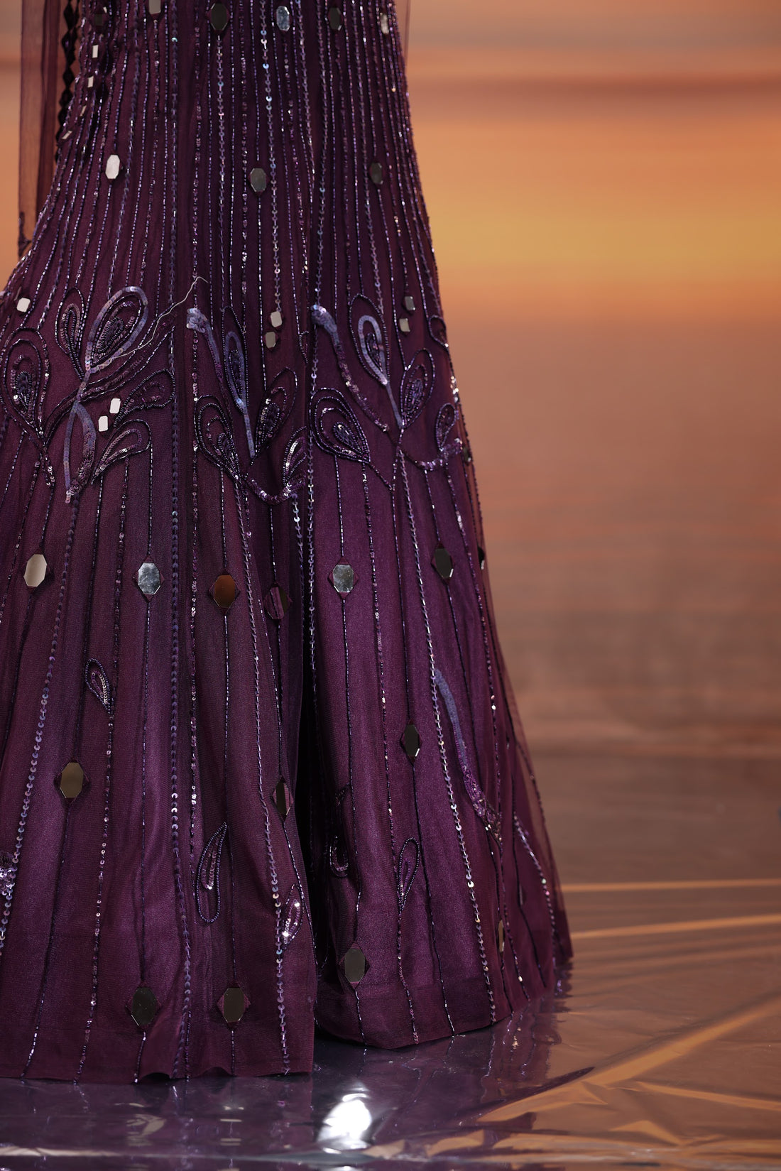 Dark Purple Hand Embroidered & Beads Embellished Dola Silk Jacket with Tulle Lehenga