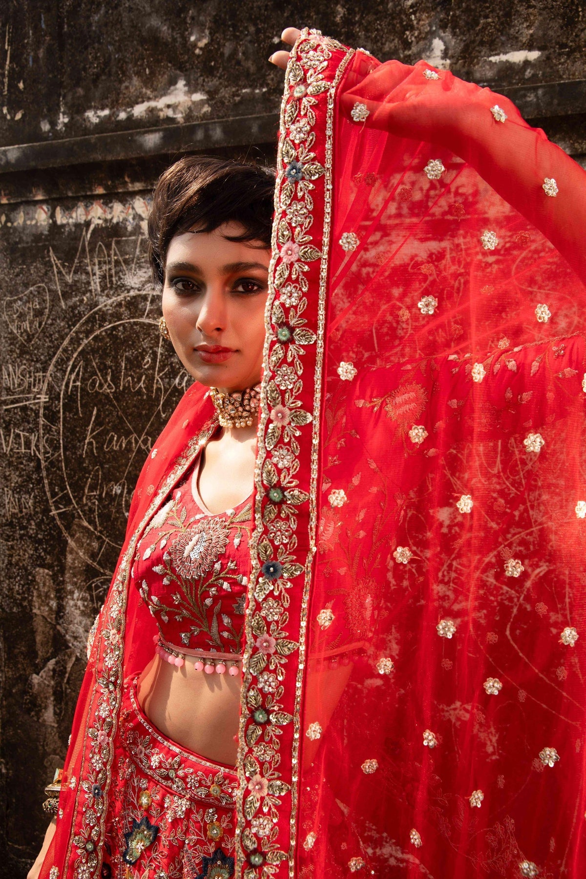 Anjali, the modern Scarlet Red whimsical allure Bridal Lehenga