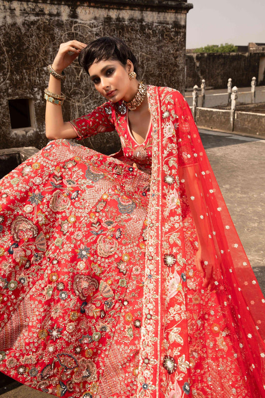 Anjali, the modern Scarlet Red whimsical allure Bridal Lehenga