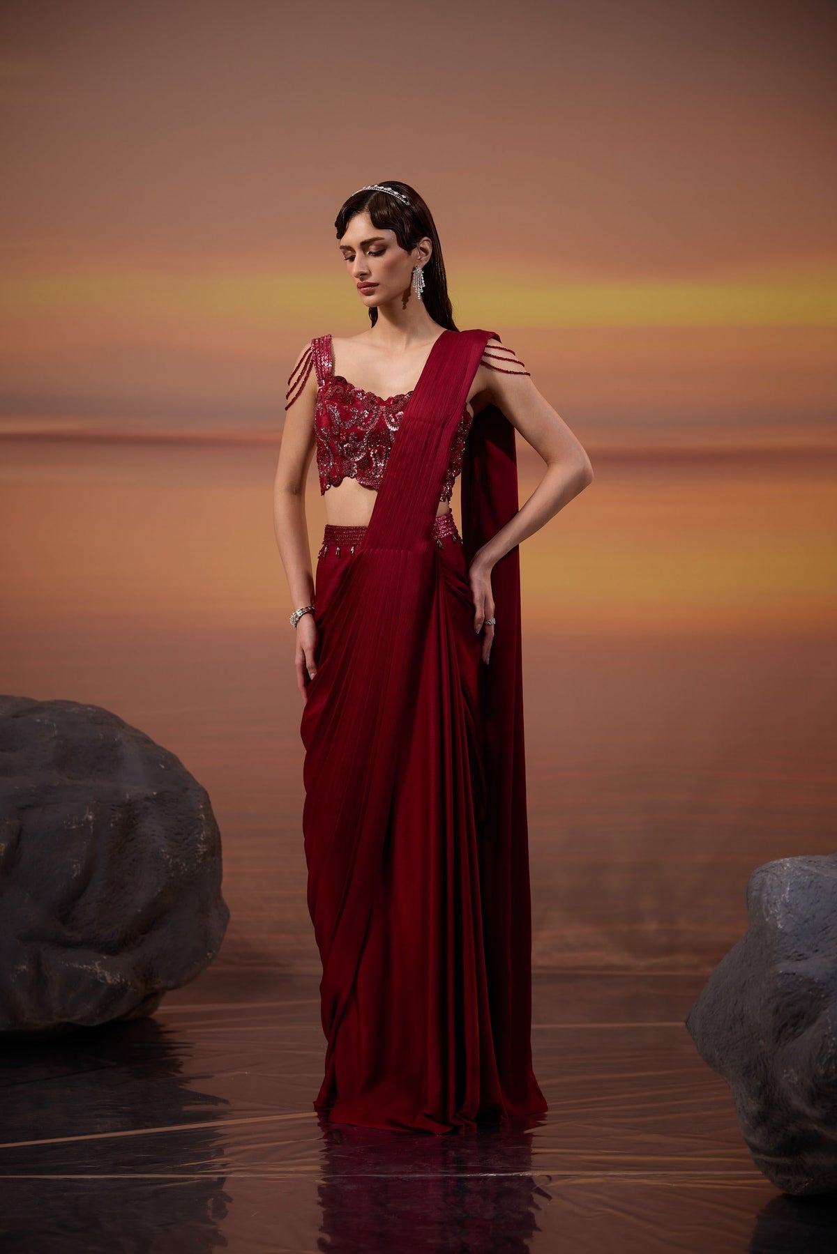 Dark Maroon Embellished Chiffon Satin Cut Work Drape Saree Set