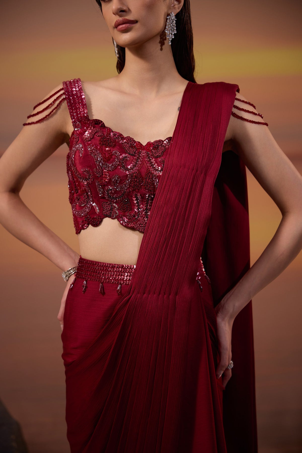 Dark Maroon Embellished Chiffon Satin Cut Work Drape Saree Set