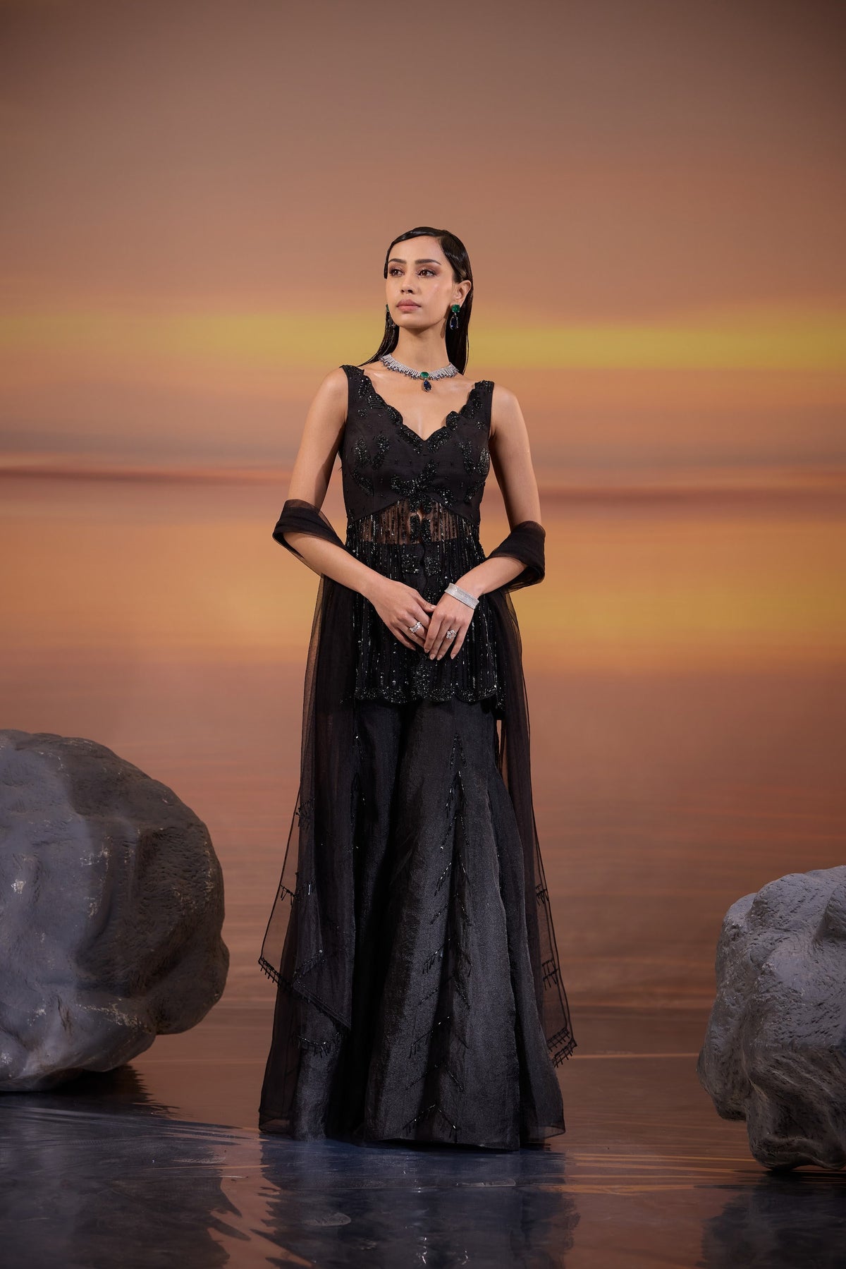 Black Embellished Dola Silk Party Wear Sharara Set