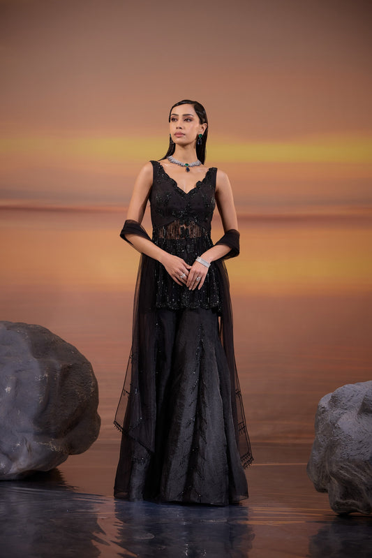 Black Embellished Dola Silk Party Wear Sharara Set