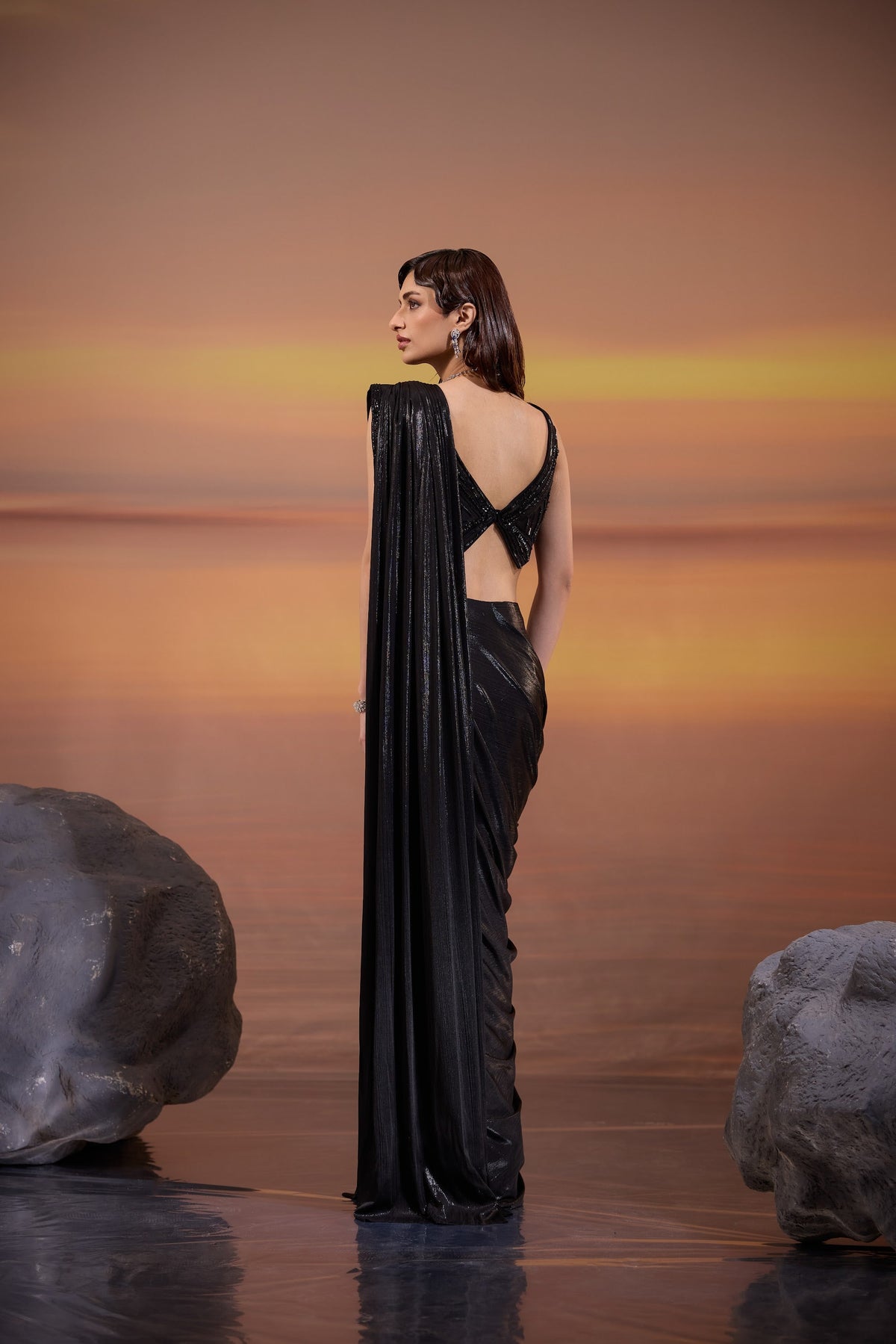 Black hand Embroidered Metallic Lycra Cocktail Drape Saree