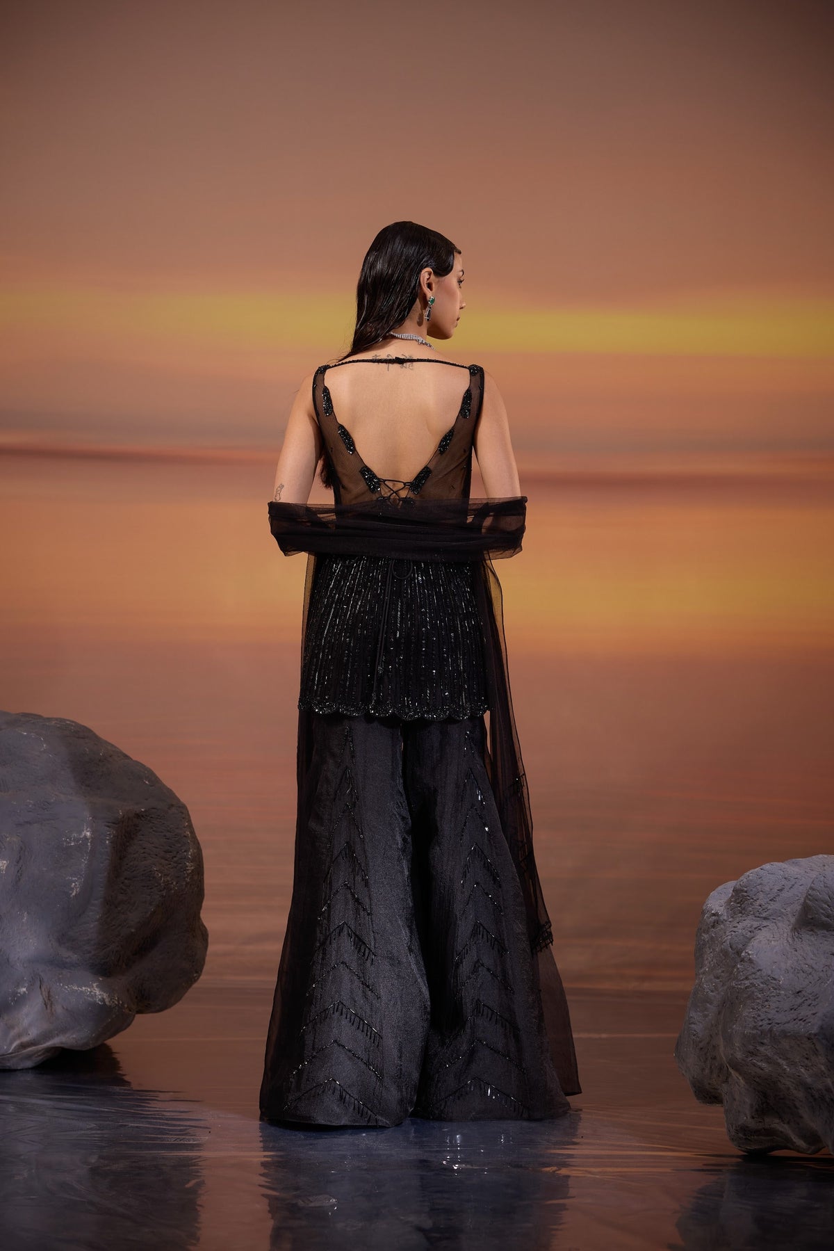Black Embellished Dola Silk Party Wear Sharara Set