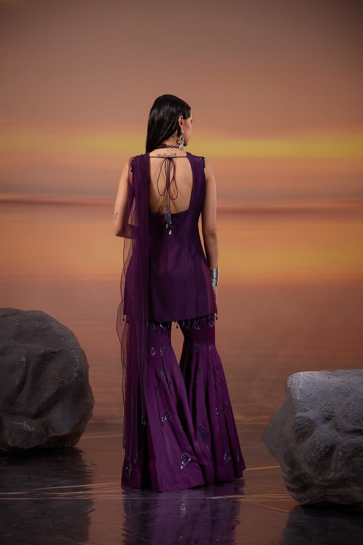 Dark Purple Sequins Embellished Dola Silk Sangeet Sharara Set