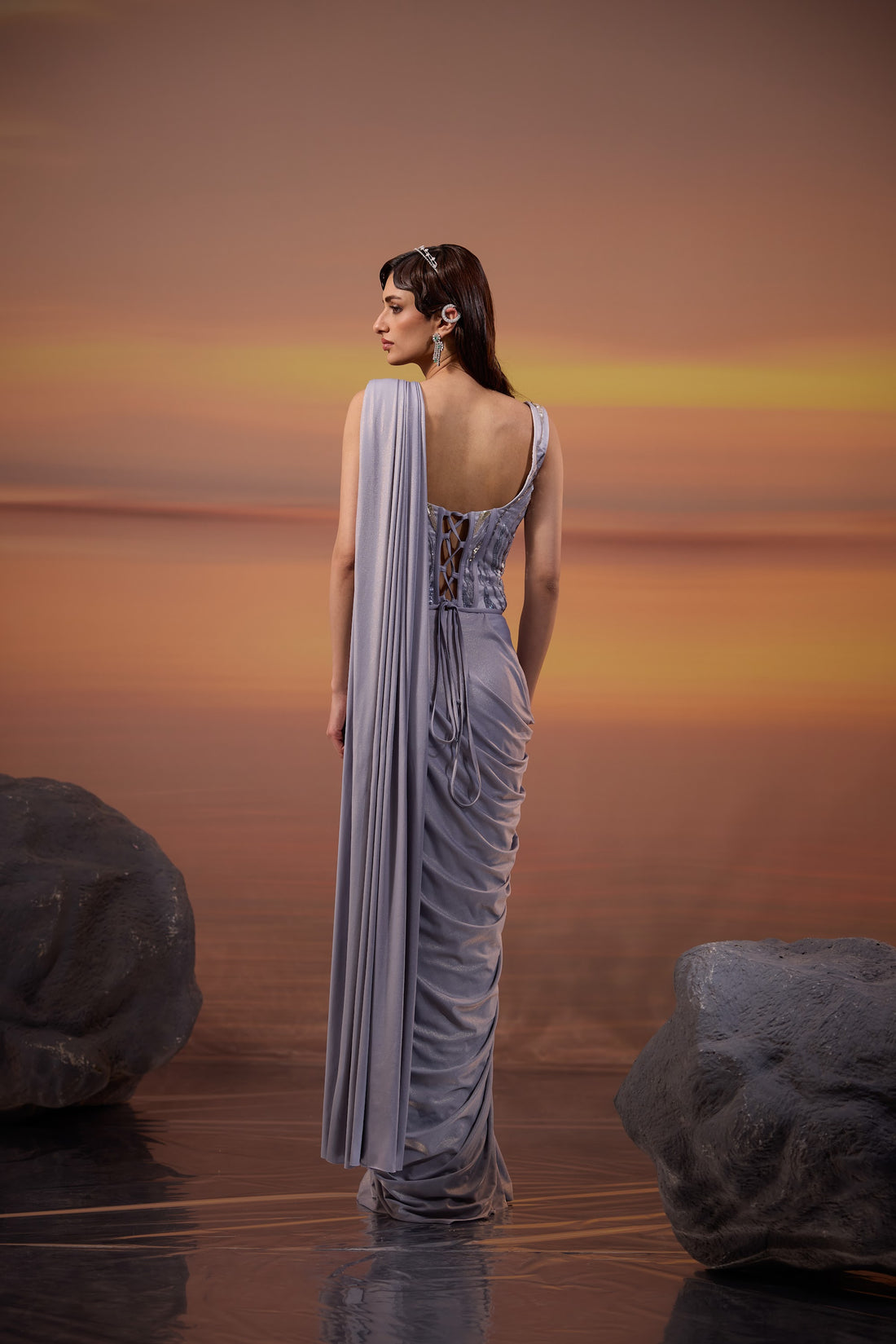 Grey Corset Embellished Drape Saree Set