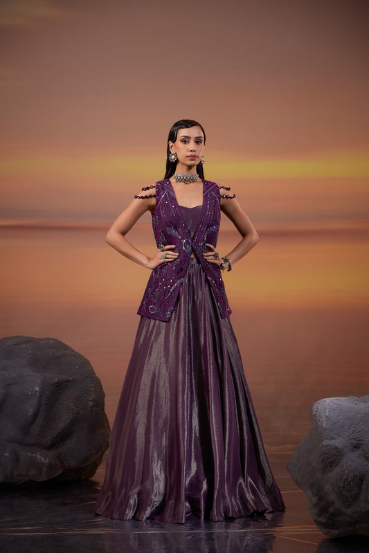 Dark Purple Sequins Embellished Jacket with Tissue Lehenga Set