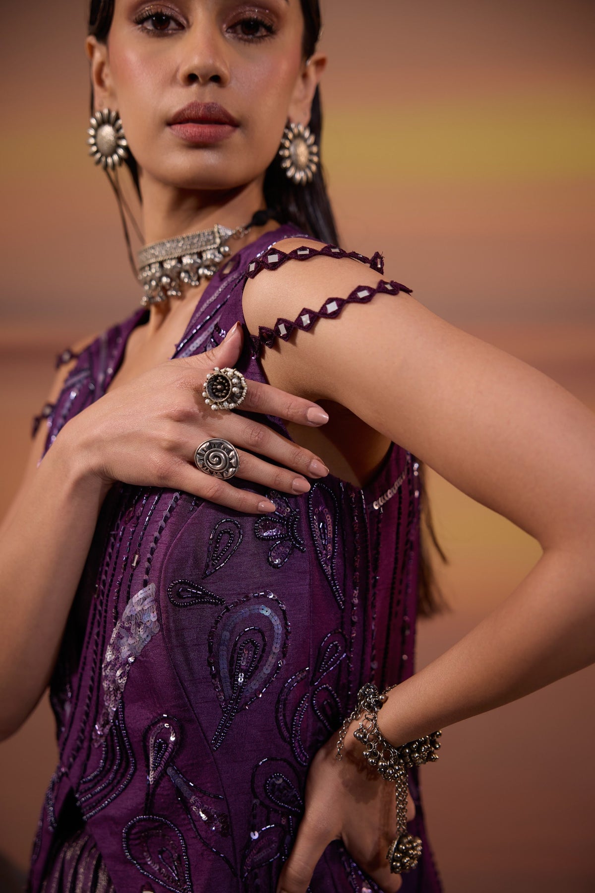 Dark Purple Sequins Embellished Jacket with Tissue Lehenga Set