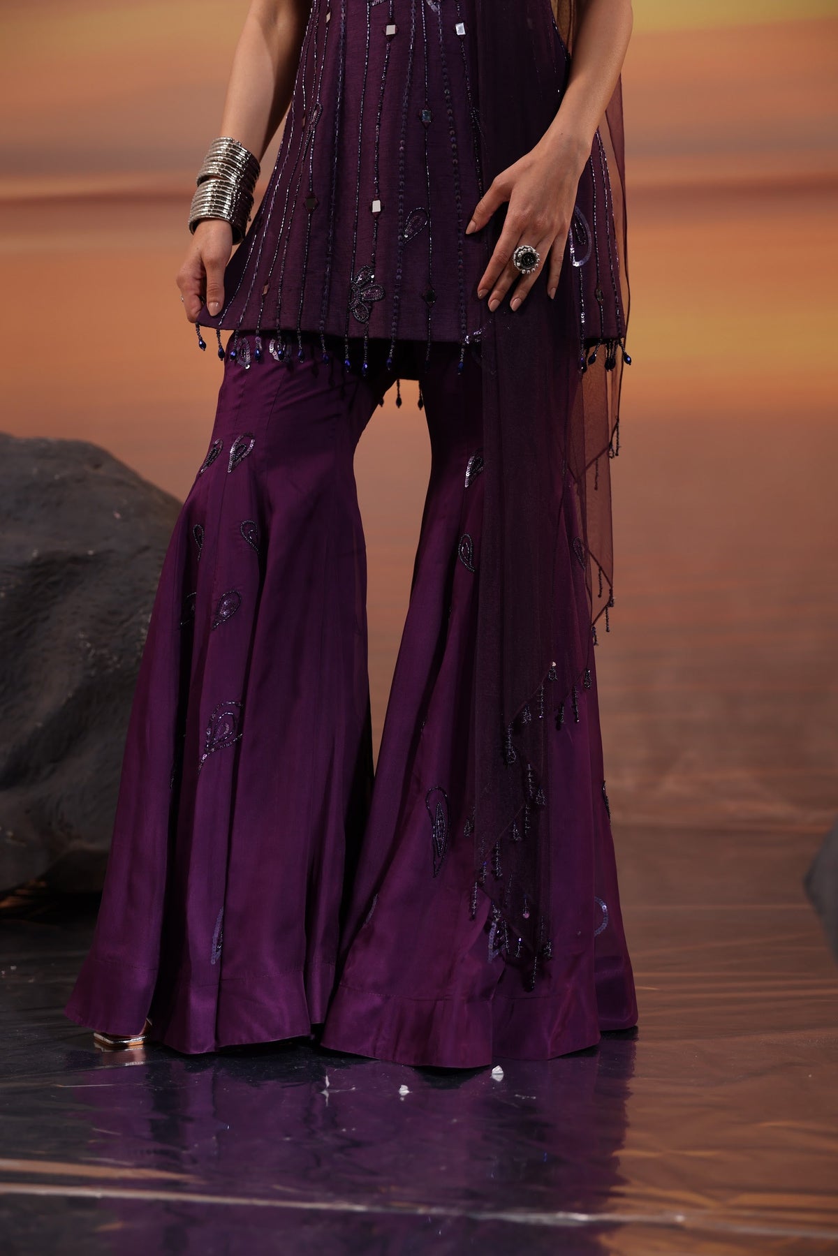 Dark Purple Sequins Embellished Dola Silk Sangeet Sharara Set