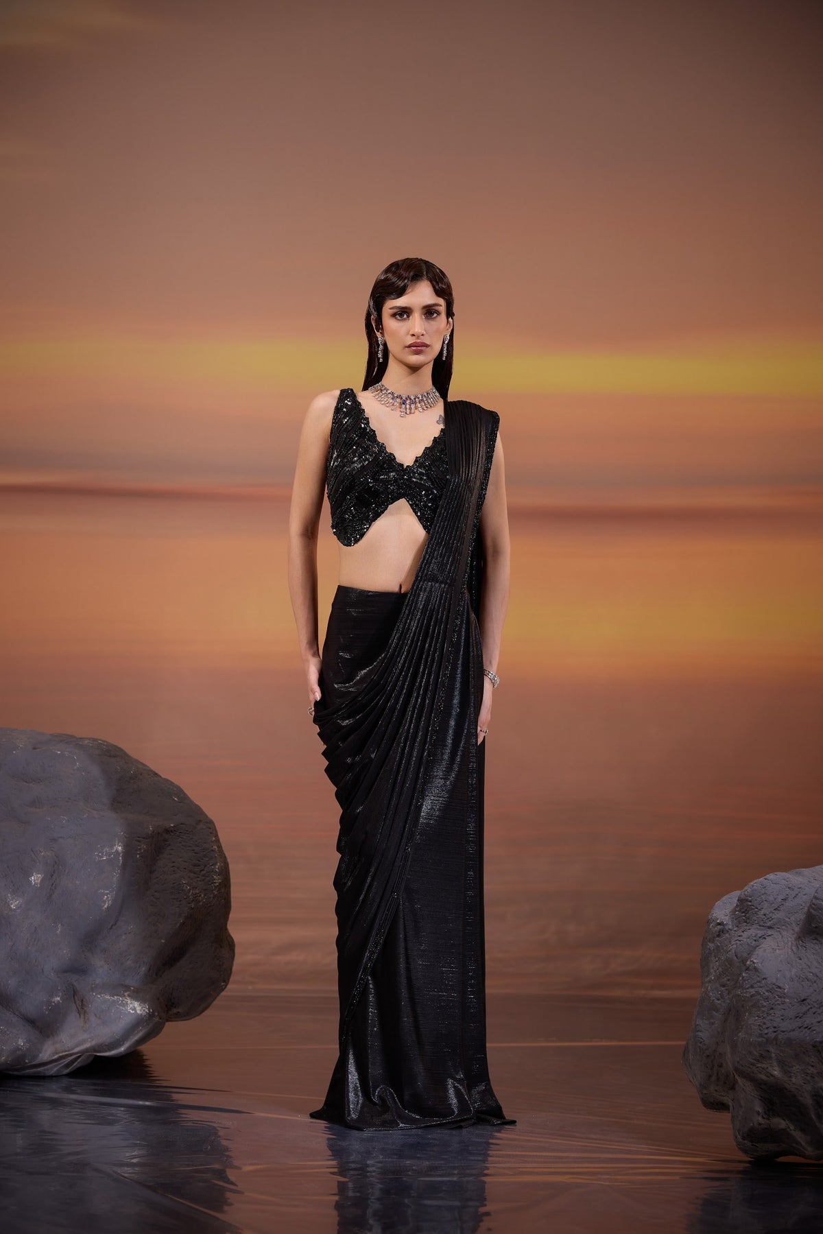 Black hand Embroidered Metallic Lycra Cocktail Drape Saree