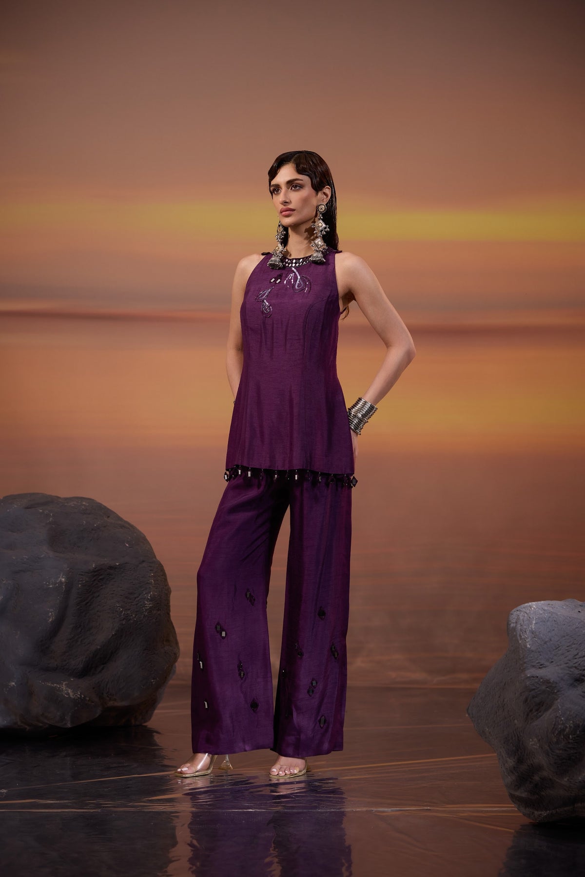 Dark Purple Embellished Dola Silk Festive Co-Ord Set