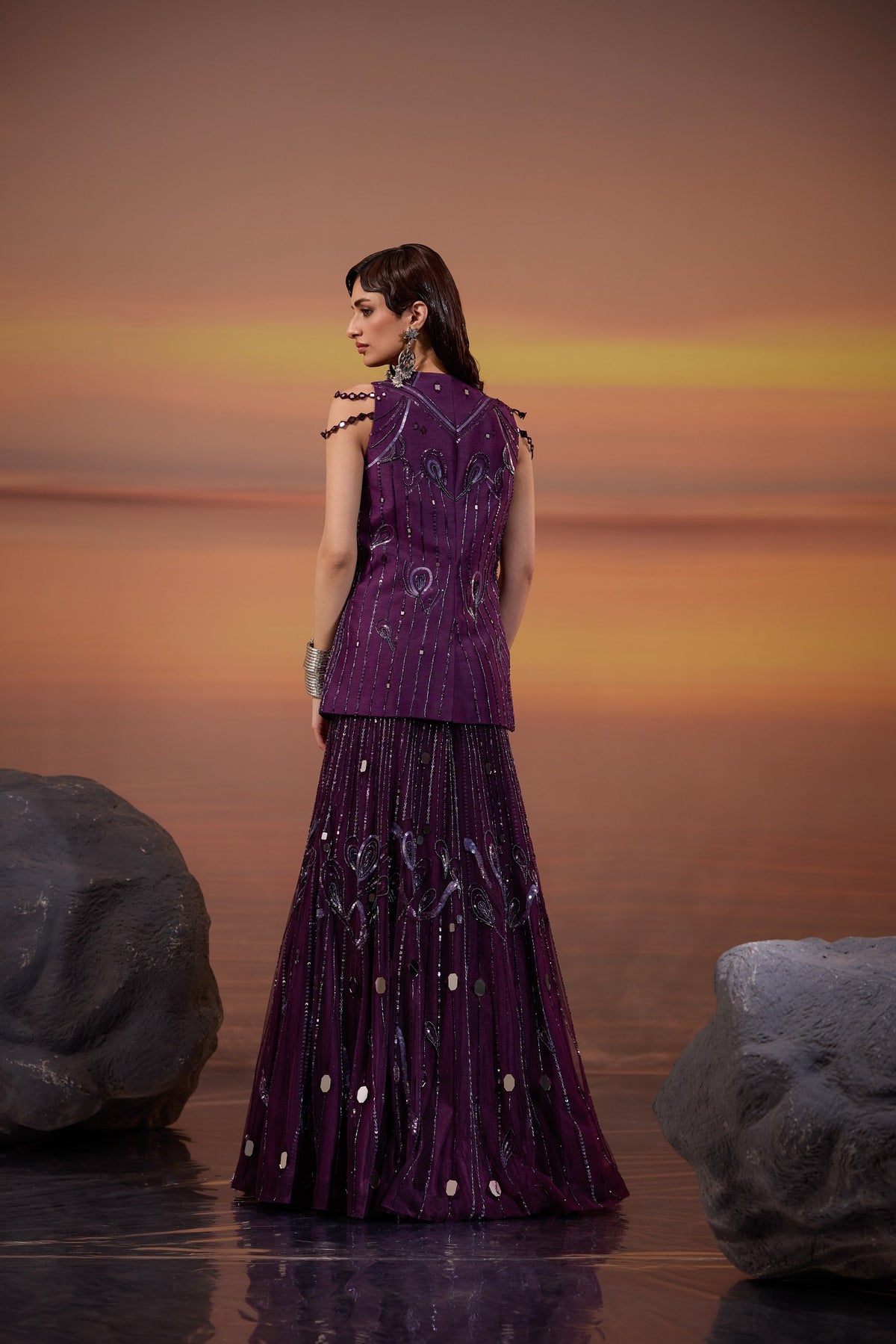 Dark Purple Hand Embroidered & Beads Embellished Dola Silk Jacket with Tulle Lehenga