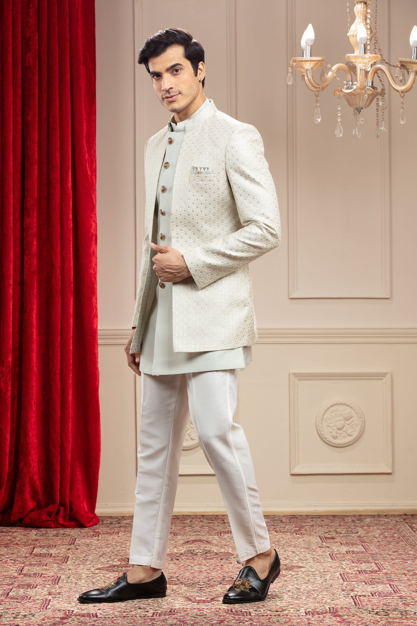 Pista Green lucknowi Open Jodhpuri Set with sequins