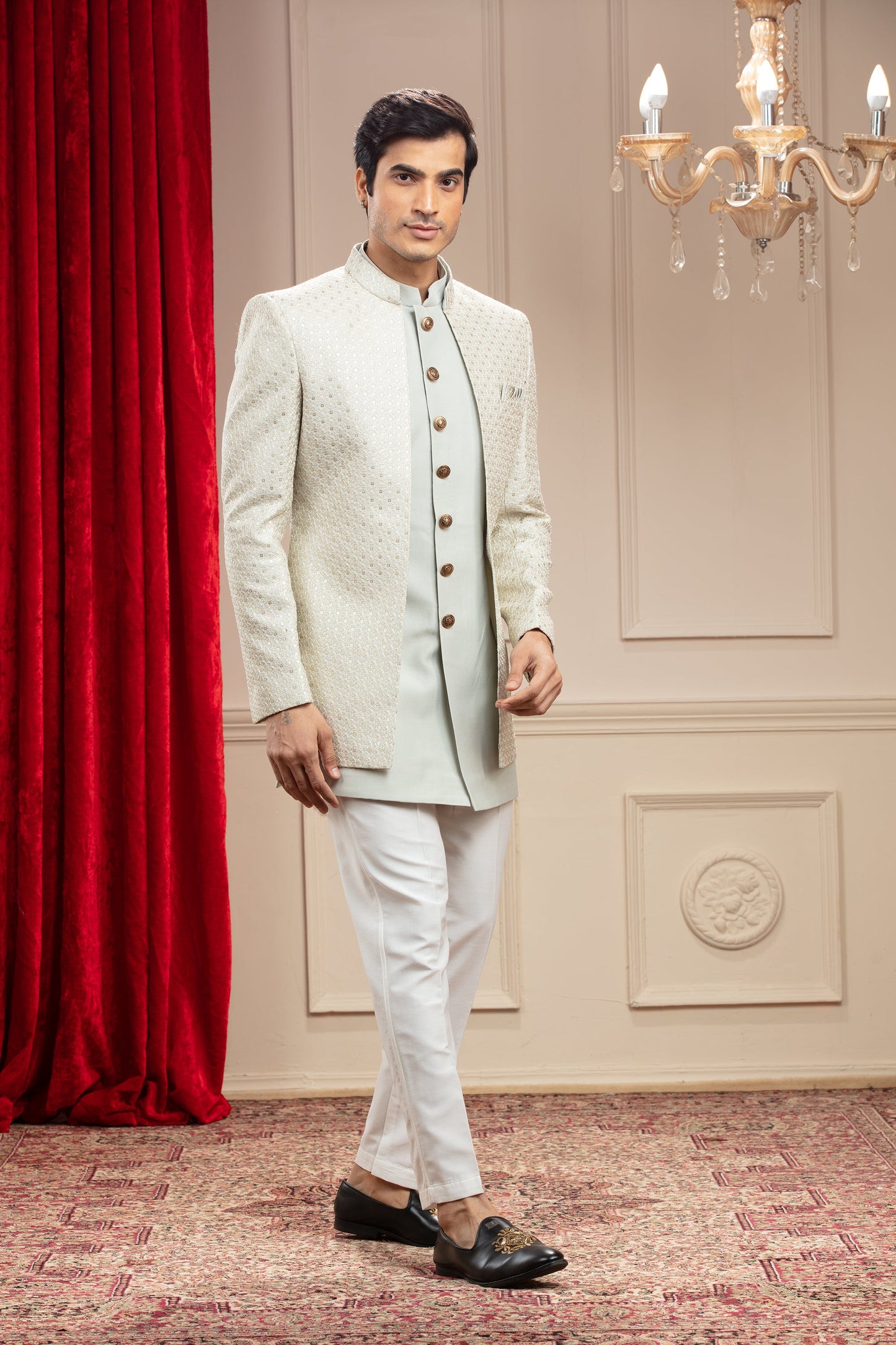 Pista Green lucknowi Open Jodhpuri Set with sequins