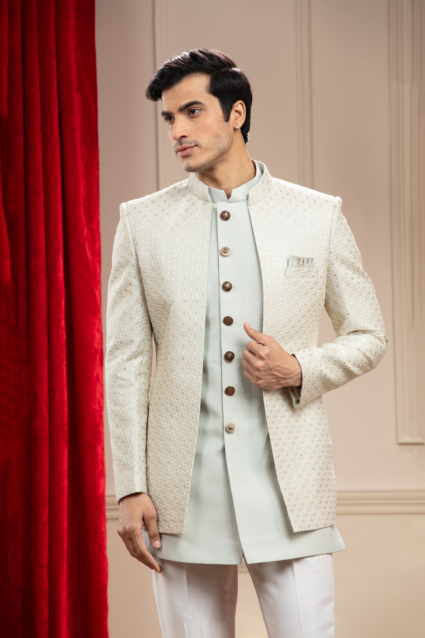 Pista Green lucknowi Open Jodhpuri Set with sequins