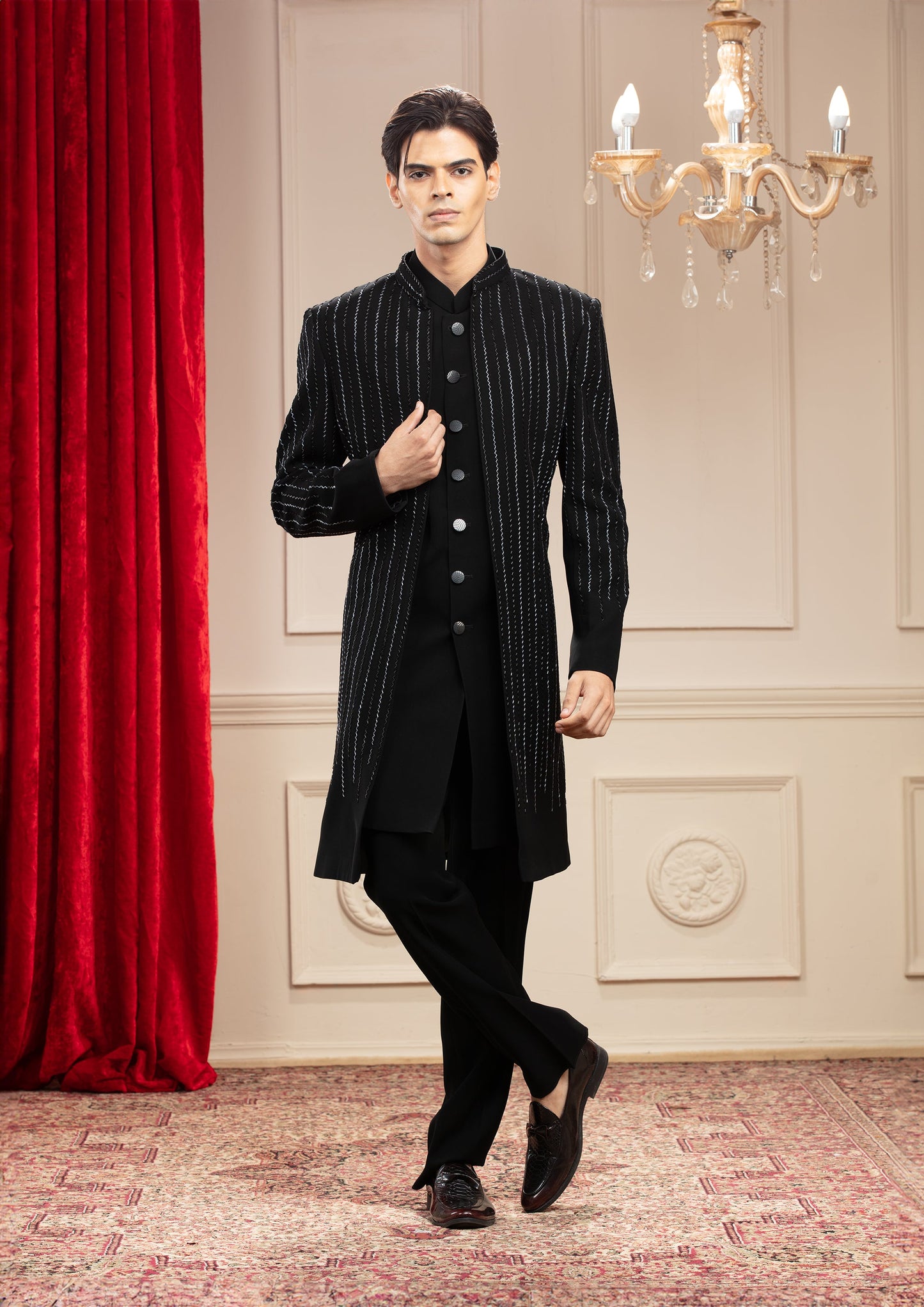 Charcoal Black Open Indo Western Set with Kardana work