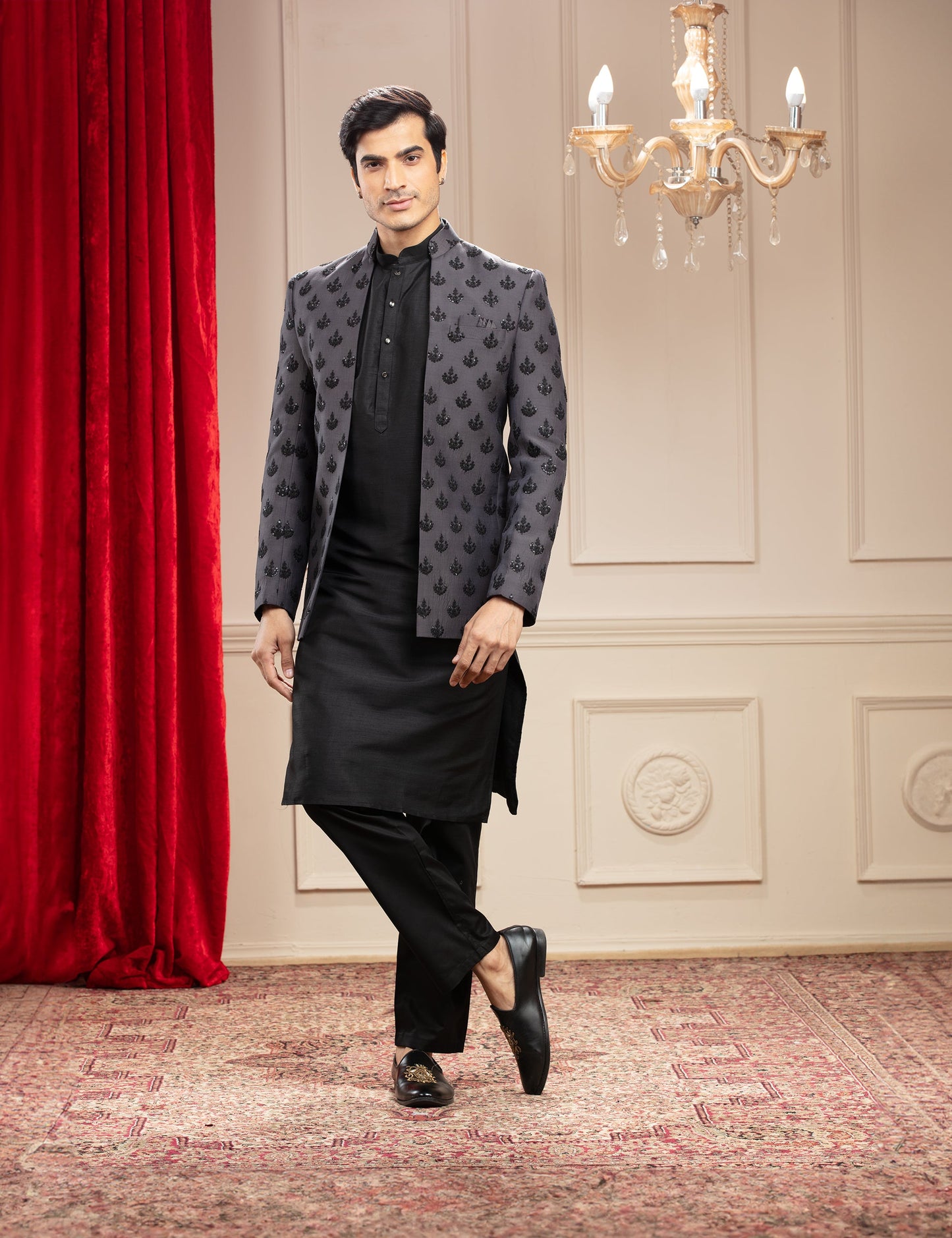 Onyx black and iron grey Open Jodhpuri with sequin work