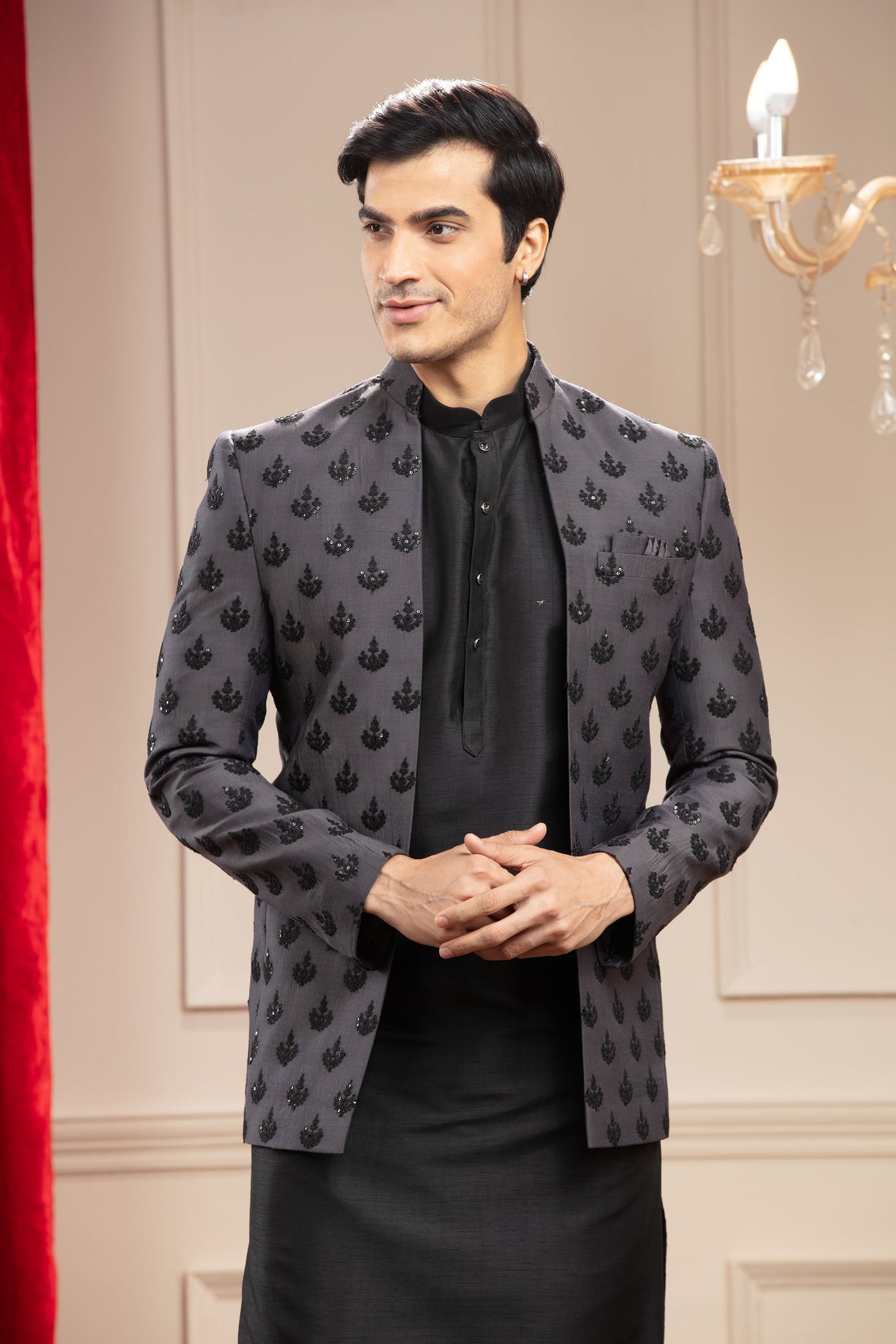 Onyx black and iron grey Open Jodhpuri with sequin work