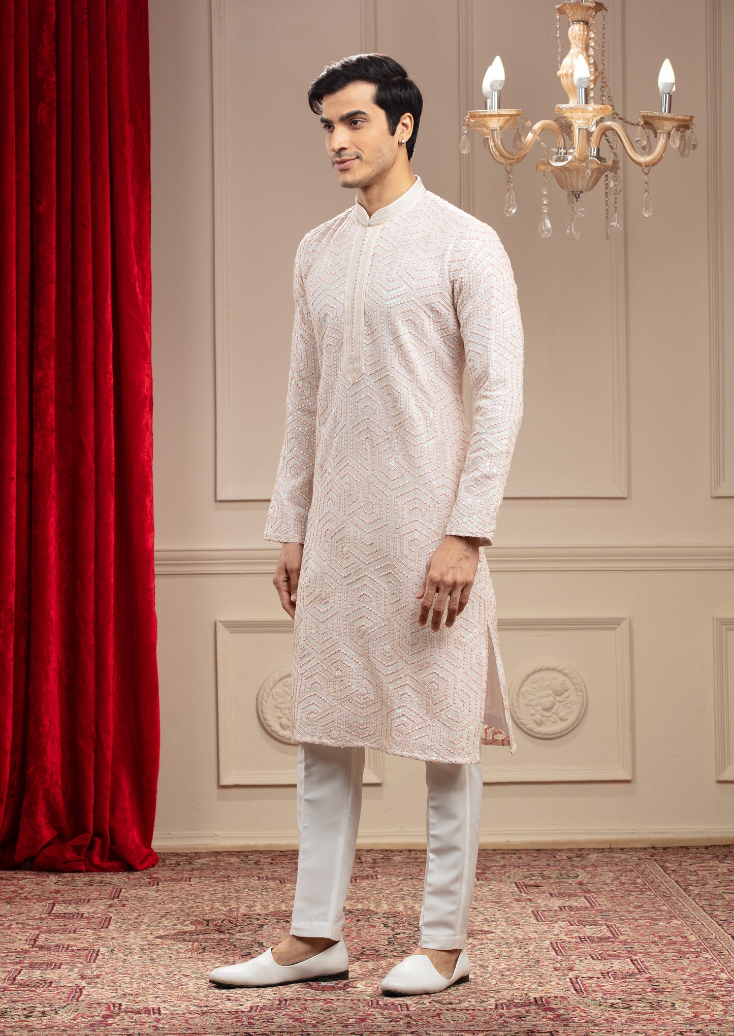 Cream White kurta pajama Set with Hexagonal Sequin work