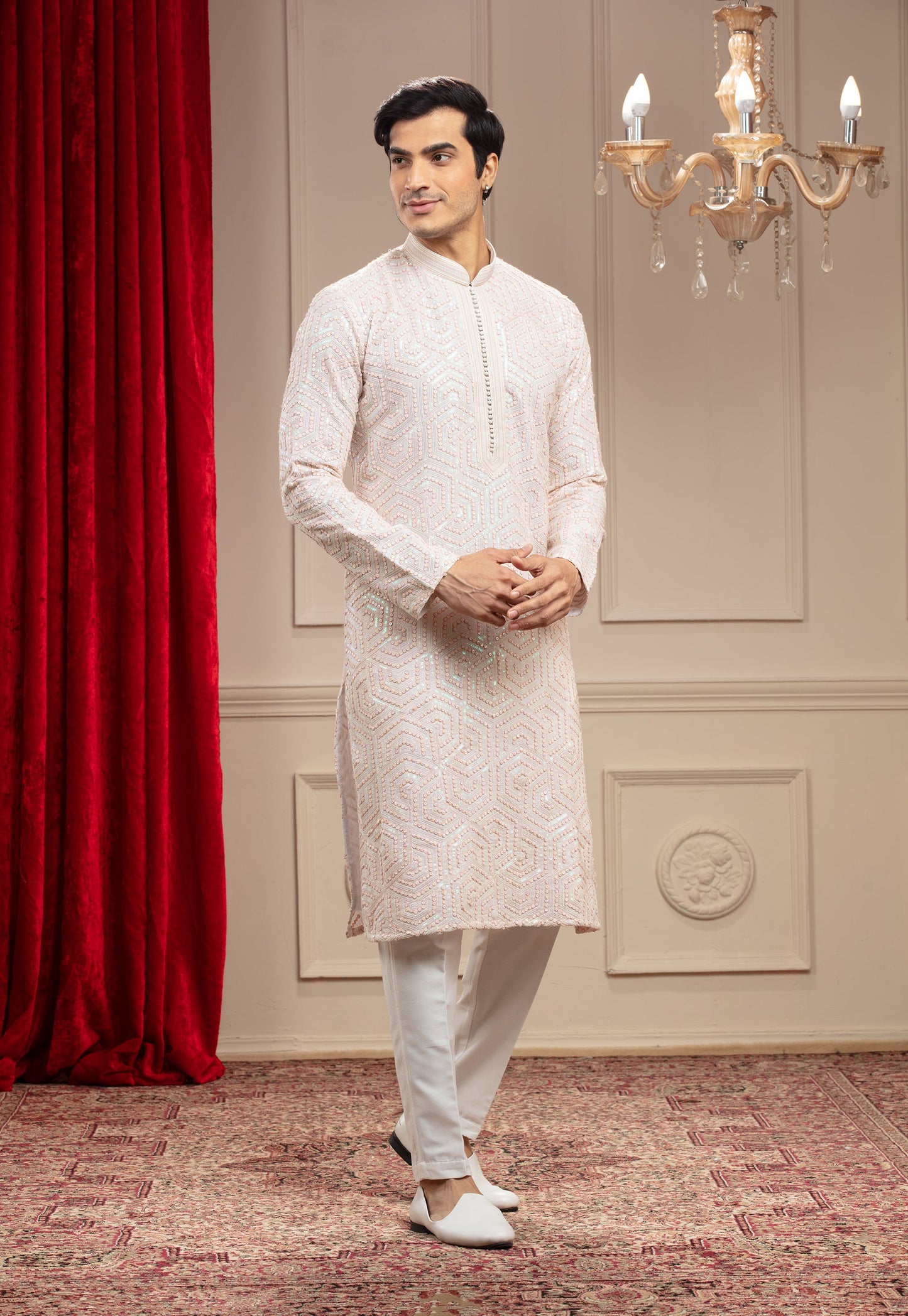 Cream White kurta pajama Set with Hexagonal Sequin work