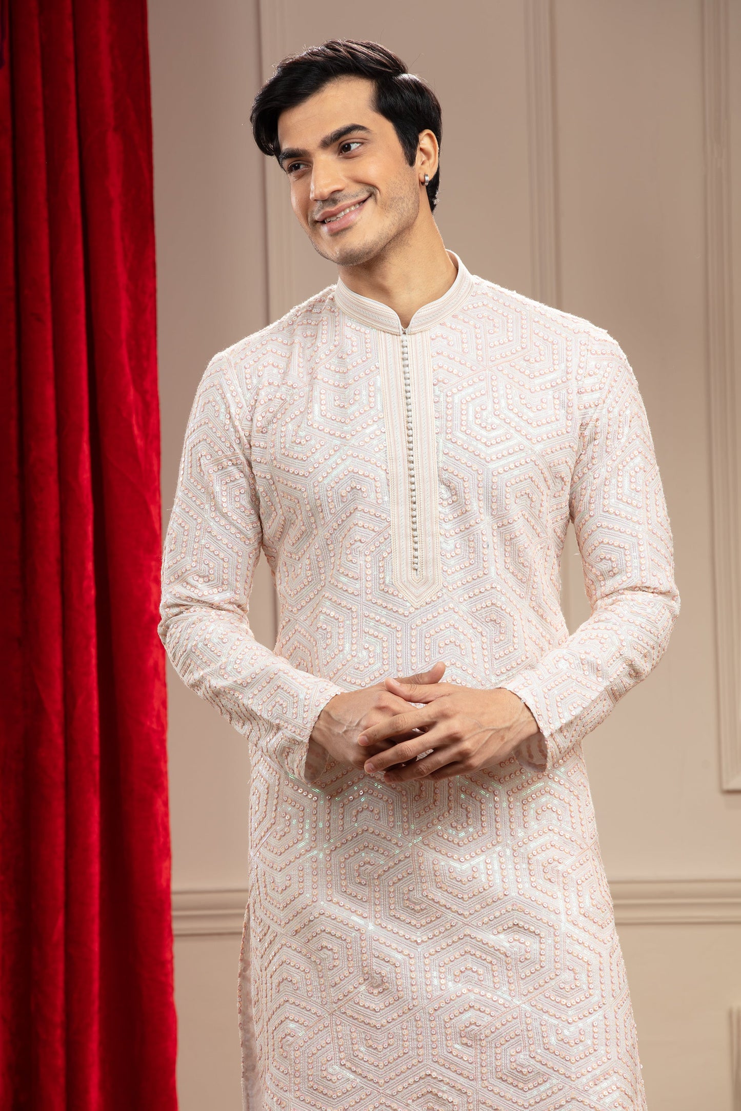 Cream White kurta pajama Set with Hexagonal Sequin work