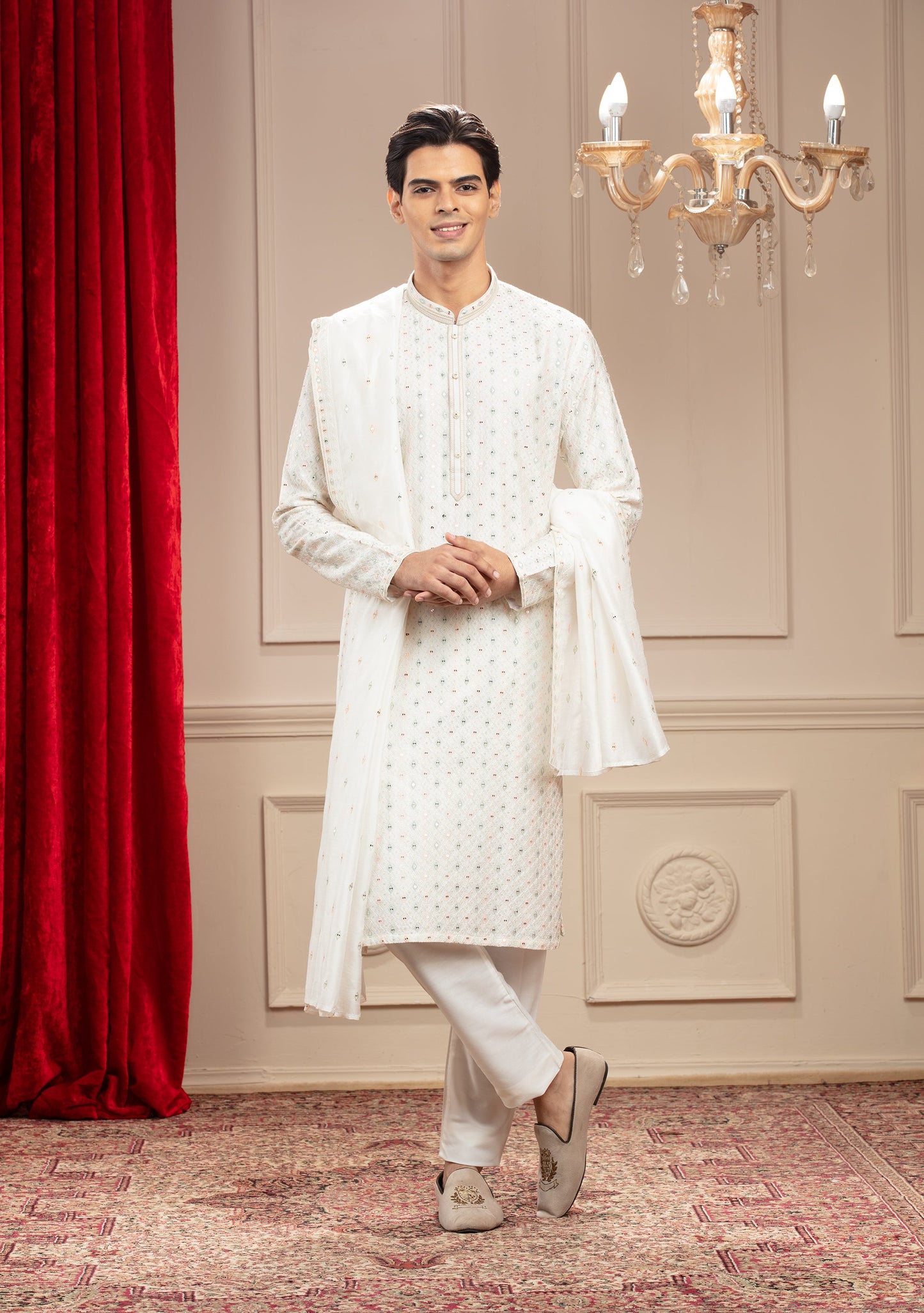 Milky White Banarasi Silk Kurta-Pajama Set with Dupatta
