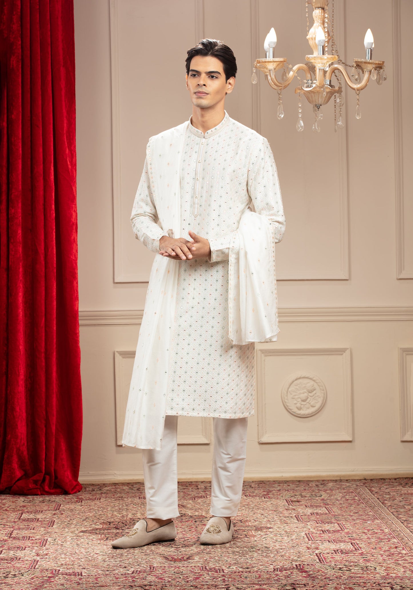 Milky White Banarasi Silk Kurta-Pajama Set with Dupatta