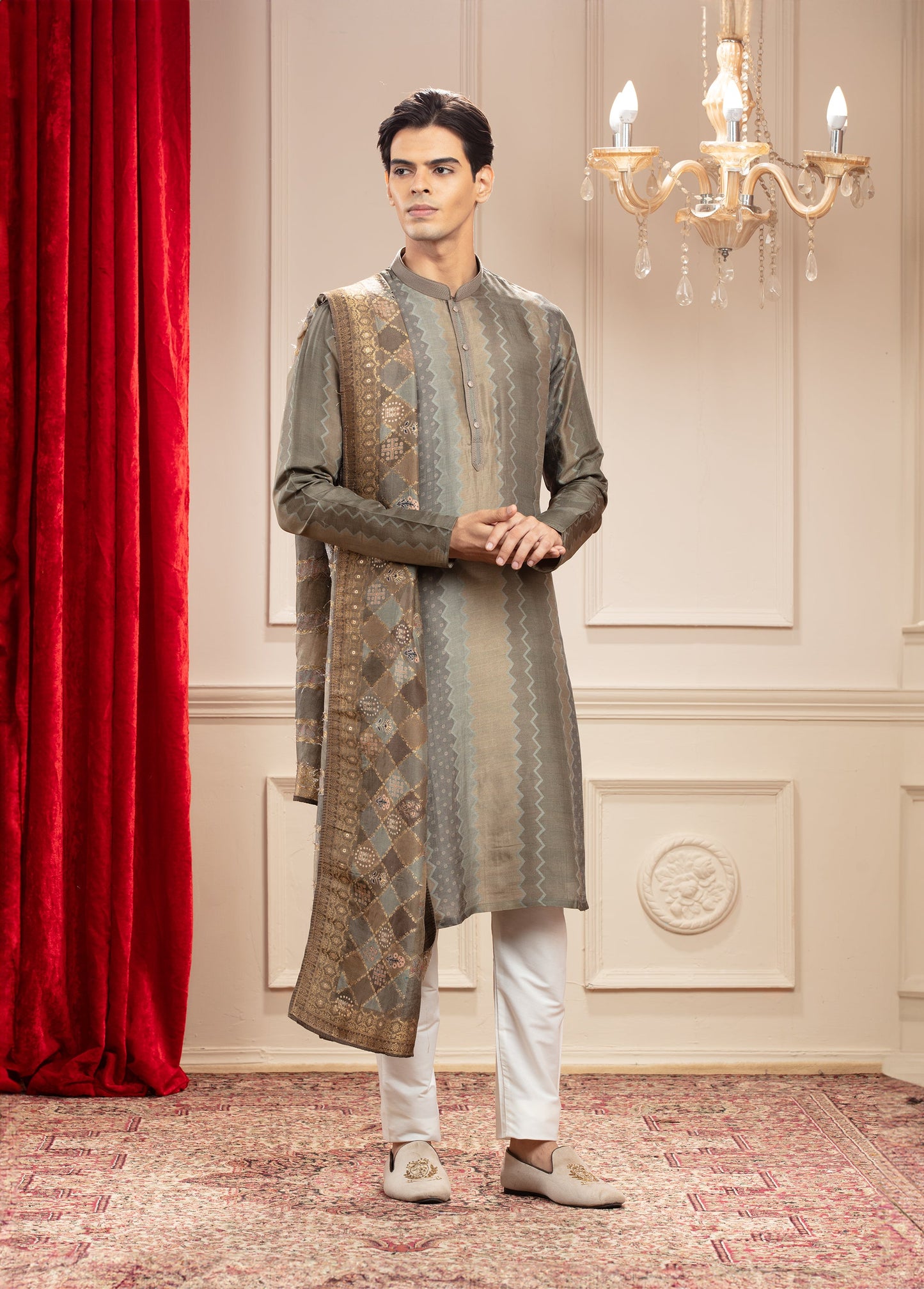 Mehendi Green Printed Banarasi kurta pajama Set with Matching Dupatta