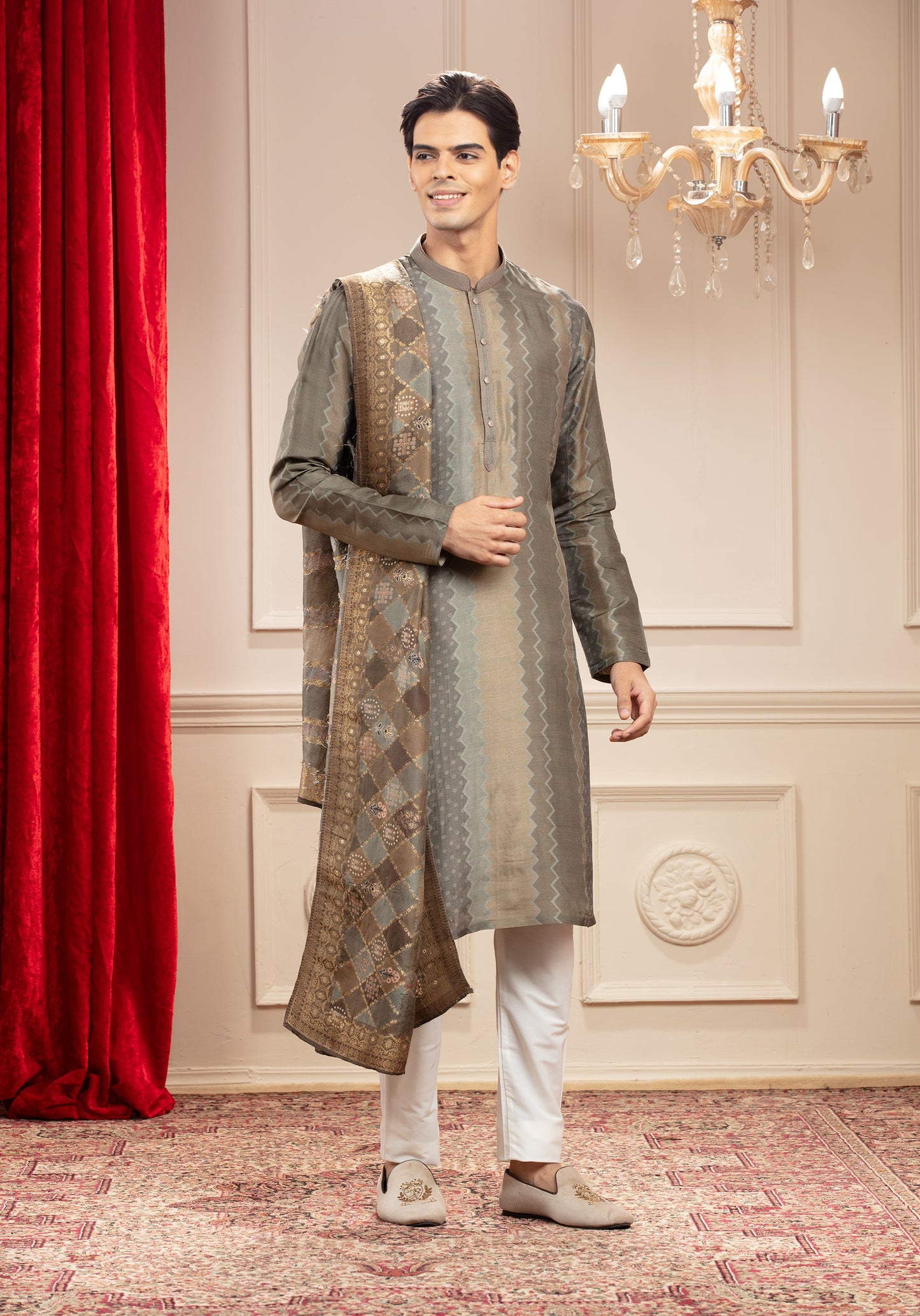 Mehendi Green Printed Banarasi kurta pajama Set with Matching Dupatta