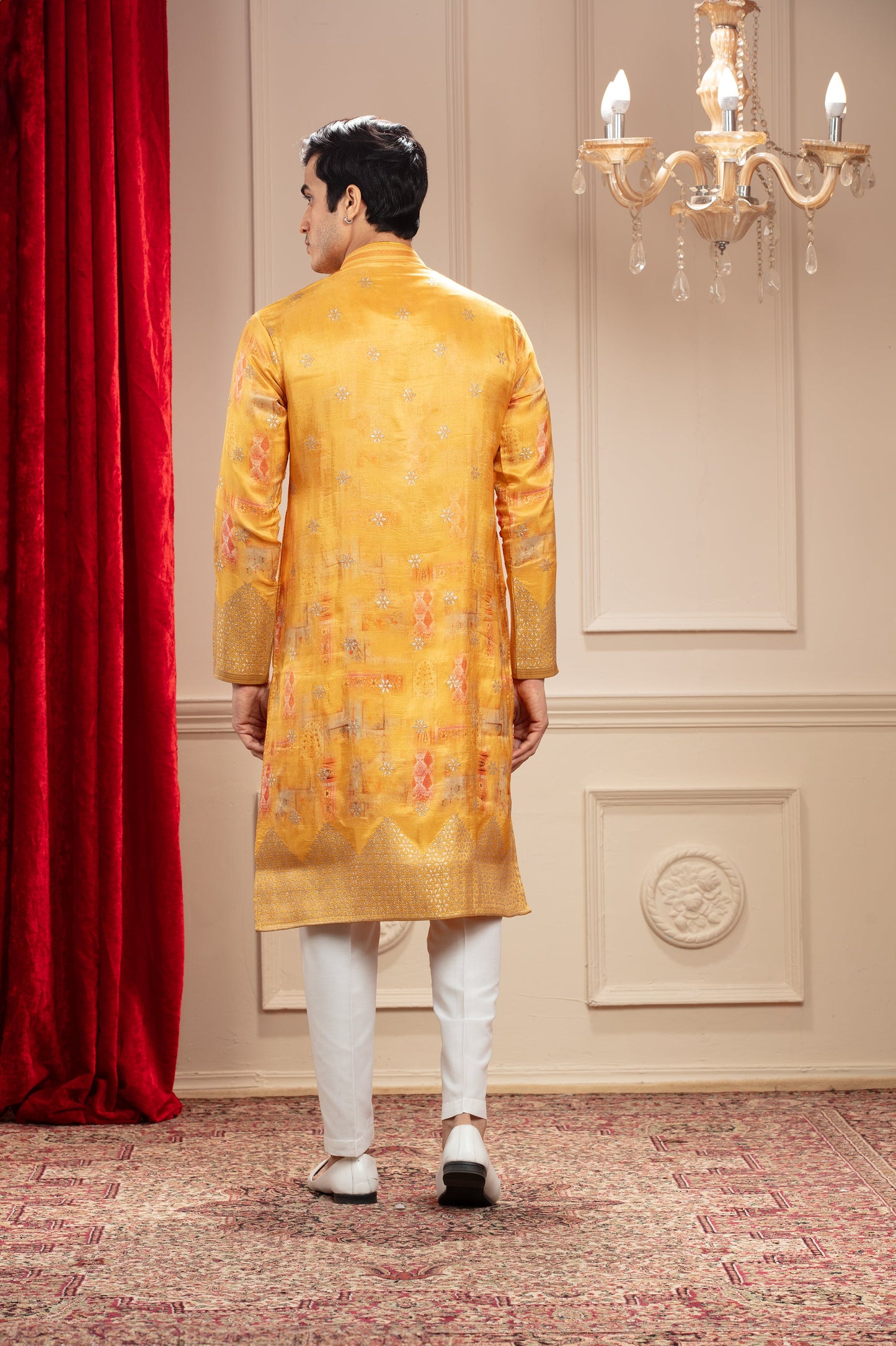 Golden Yellow Banarasi kurta with Multicoloured print