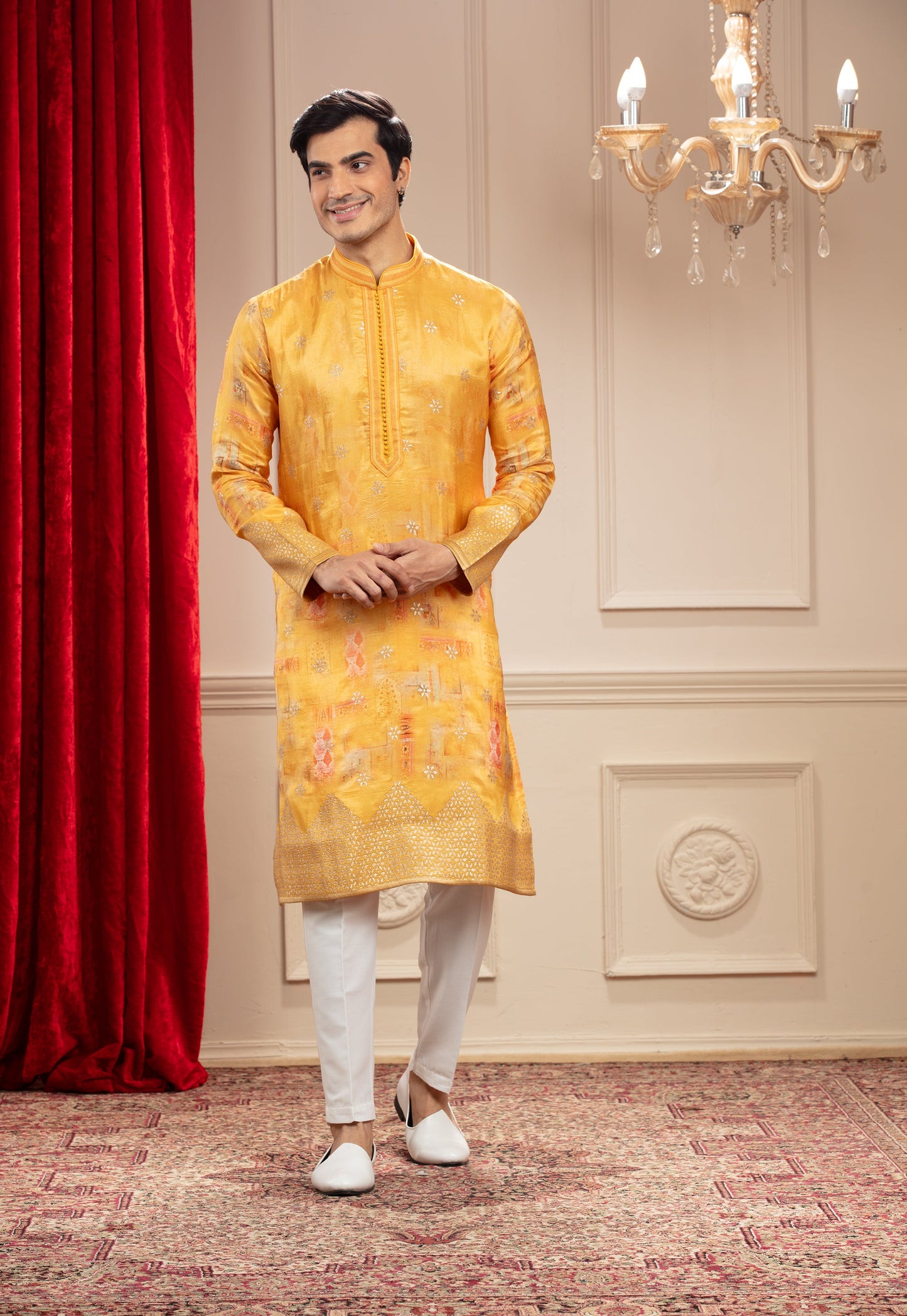 Golden Yellow Banarasi kurta with Multicoloured print