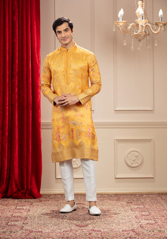 Golden Yellow Banarasi kurta with Multicoloured print