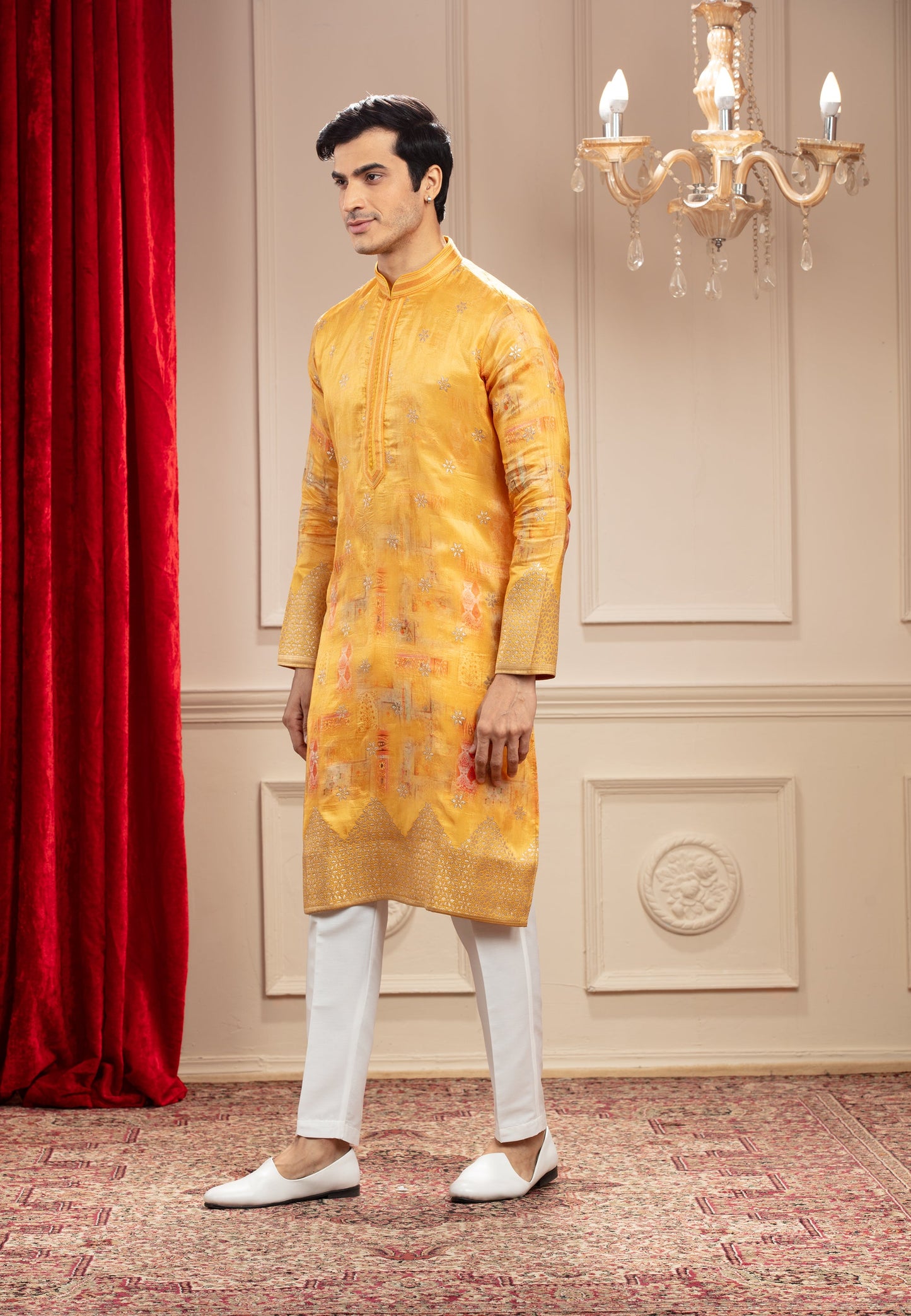 Golden Yellow Banarasi kurta with Multicoloured print