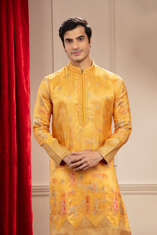 Golden Yellow Banarasi kurta with Multicoloured print