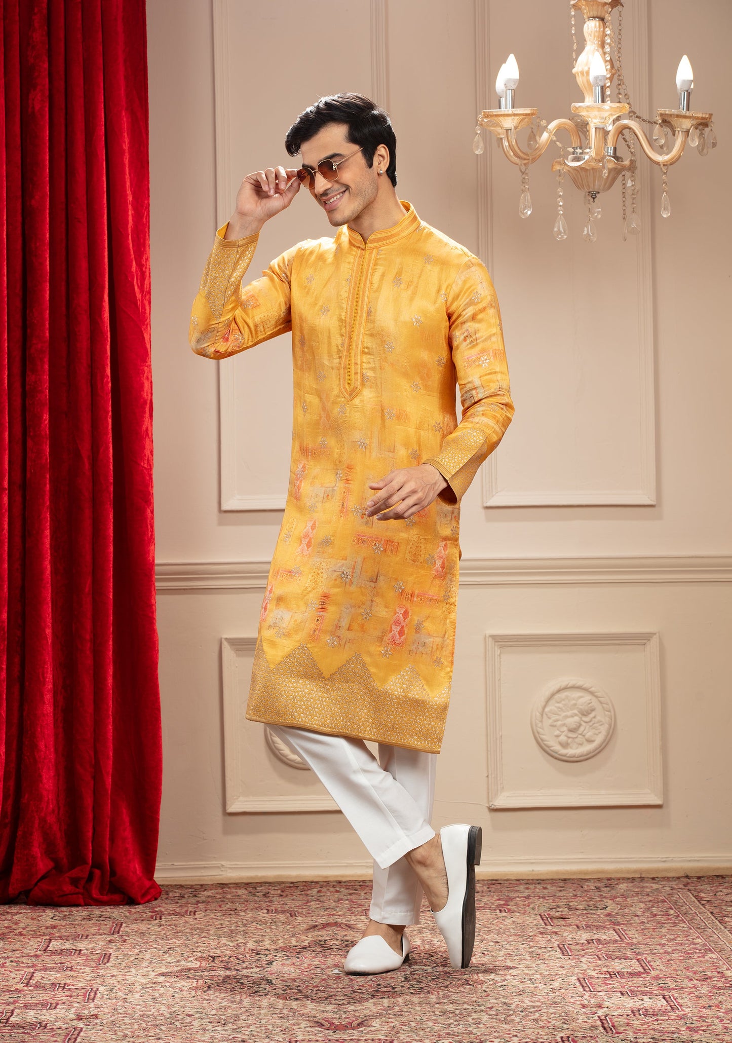 Golden Yellow Banarasi kurta with Multicoloured print