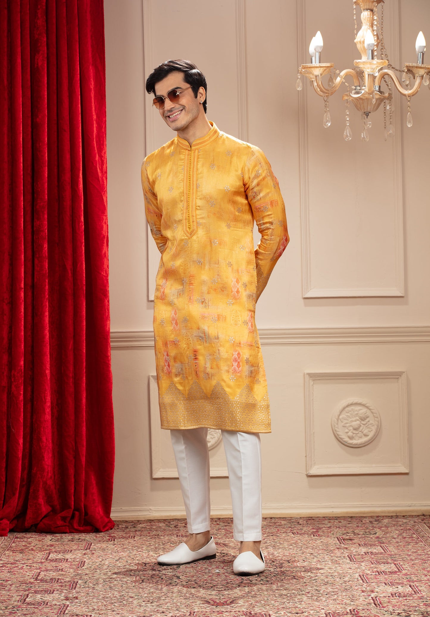 Golden Yellow Banarasi kurta with Multicoloured print
