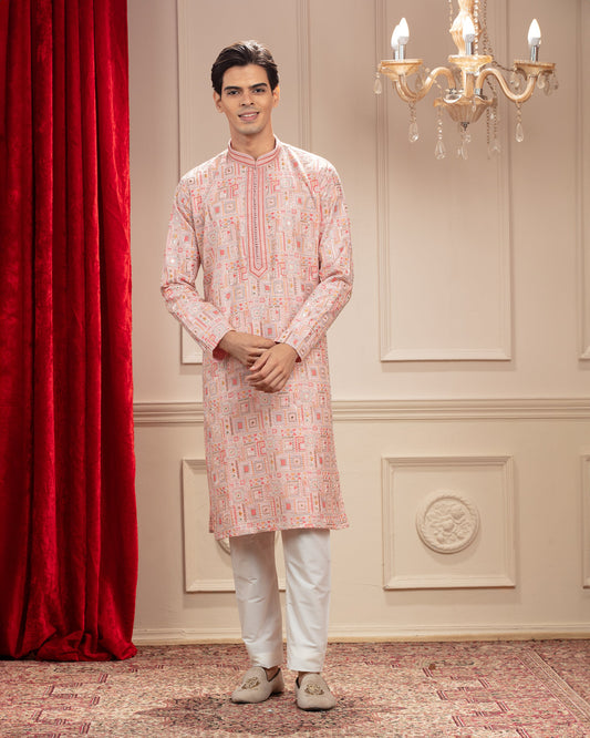 Multicolour kurta with computer embroidery and white pajama